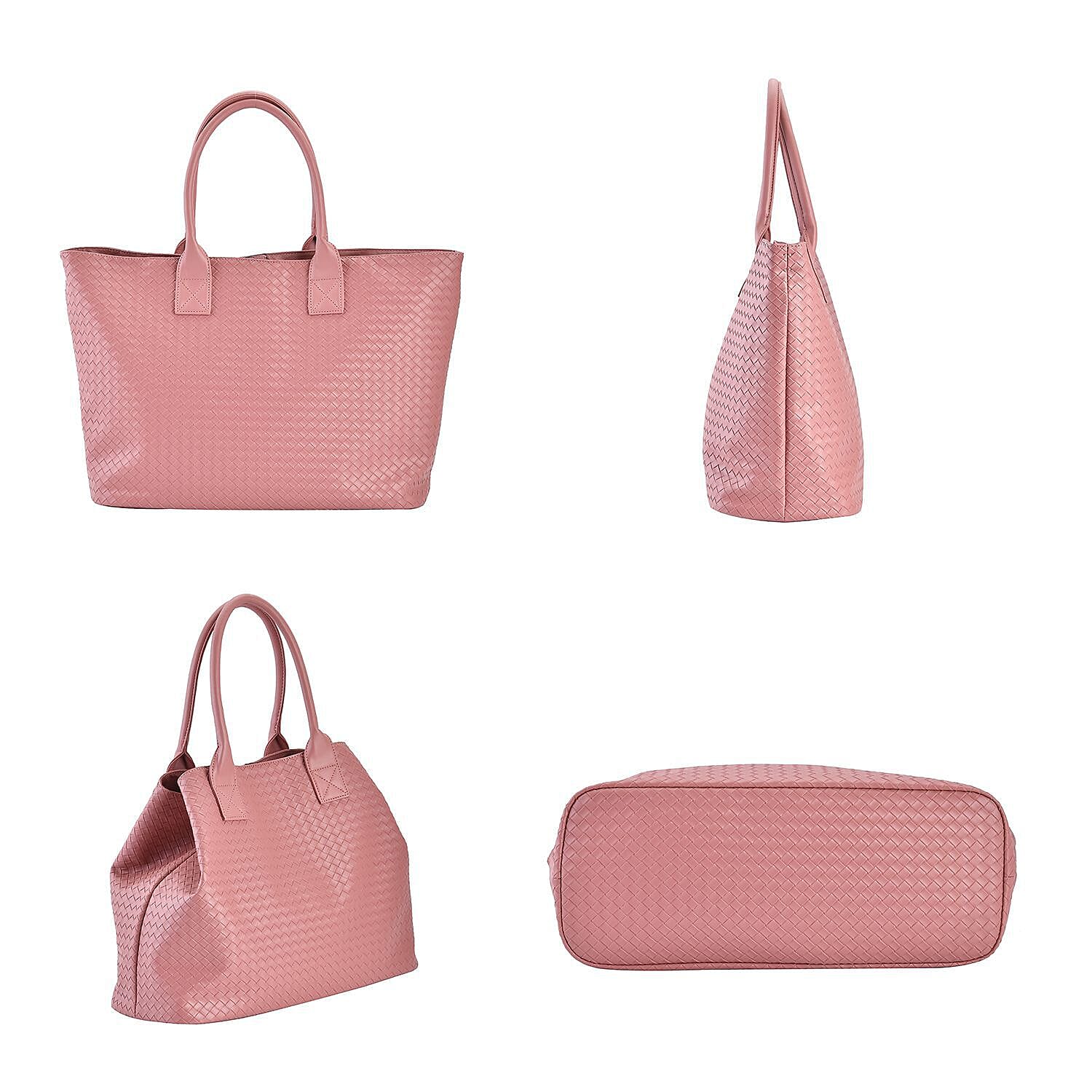 Designer Inspired Embossed Weave Tote Bag and a Detachable Pouch - Pink