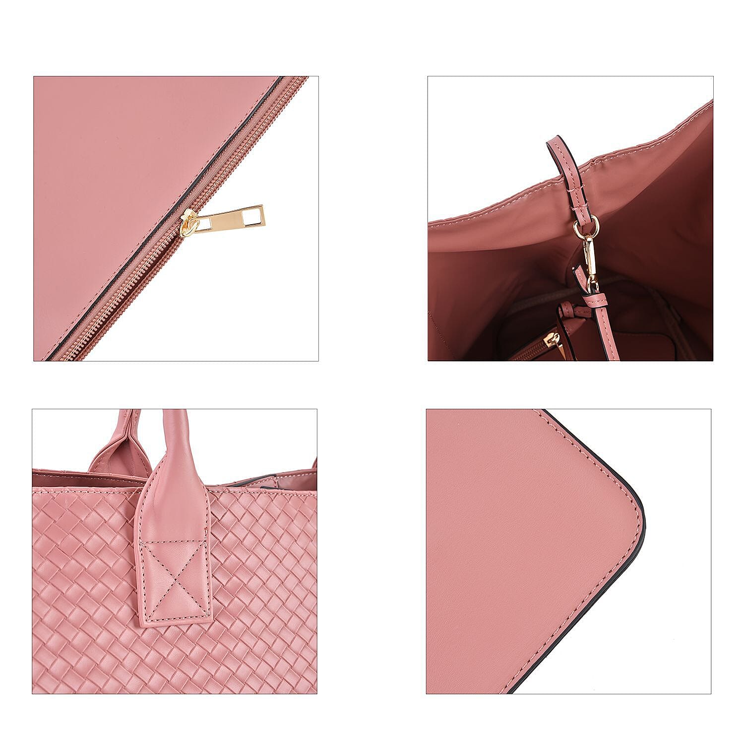 Designer Inspired Embossed Weave Tote Bag and a Detachable Pouch - Pink