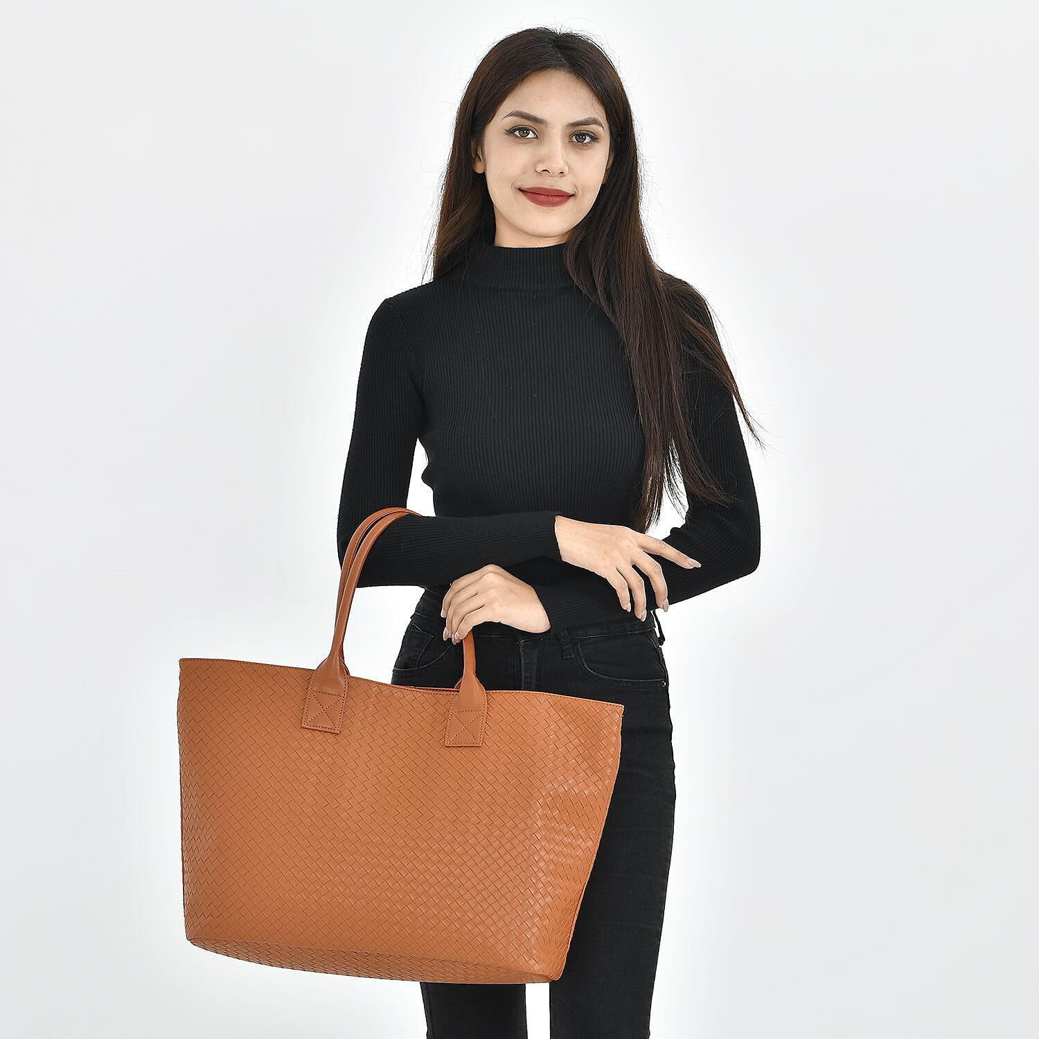 Designer Inspired Embossed Weave Tote Bag and a Detachable Pouch - Tan