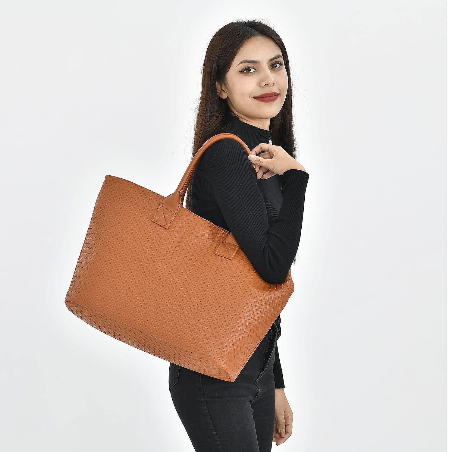 Designer Inspired Embossed Weave Tote Bag and a Detachable Pouch - Tan