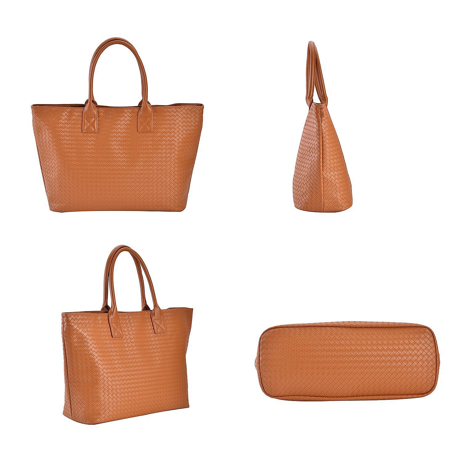 Designer Inspired Embossed Weave Tote Bag and a Detachable Pouch - Tan