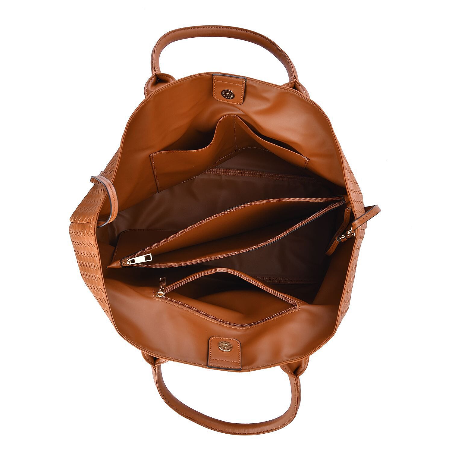 Designer Inspired Embossed Weave Tote Bag and a Detachable Pouch - Tan