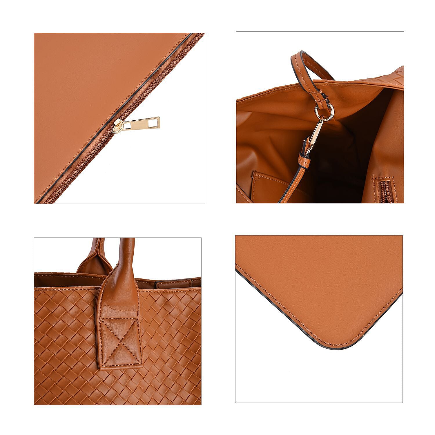 Designer Inspired Embossed Weave Tote Bag and a Detachable Pouch - Tan