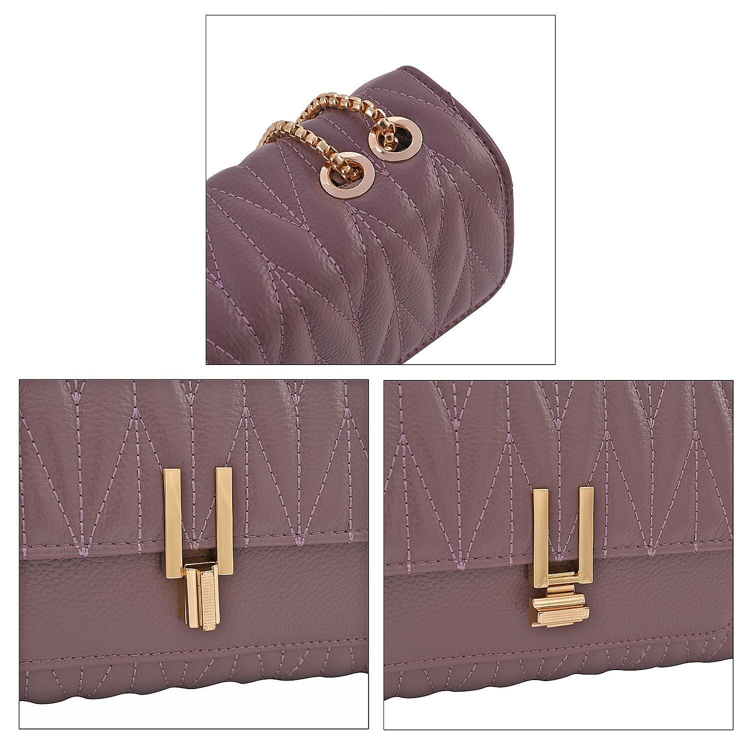 CloseOut Deal- 100% Genuine Leather Shoulder Bag with Chain Strap-Purple