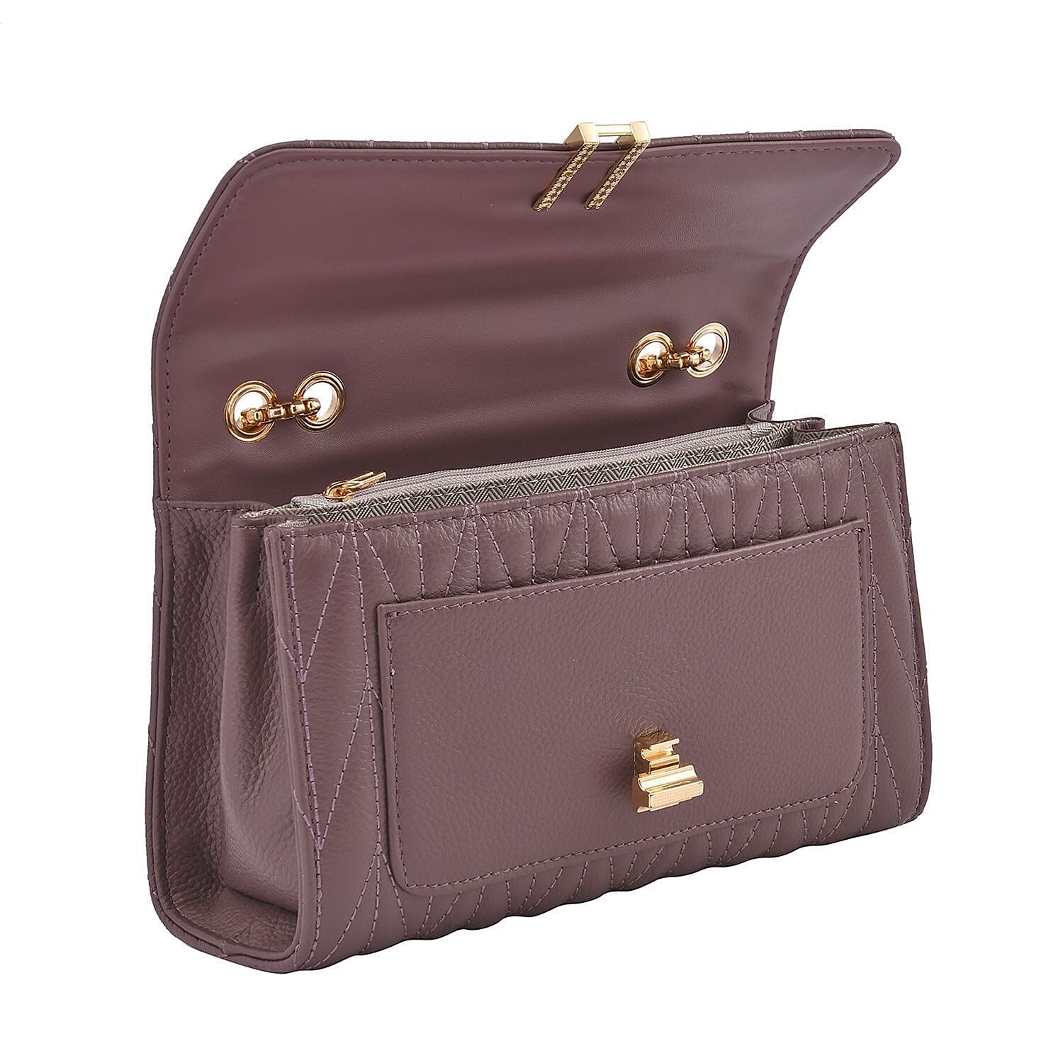 CloseOut Deal- 100% Genuine Leather Shoulder Bag with Chain Strap-Purple