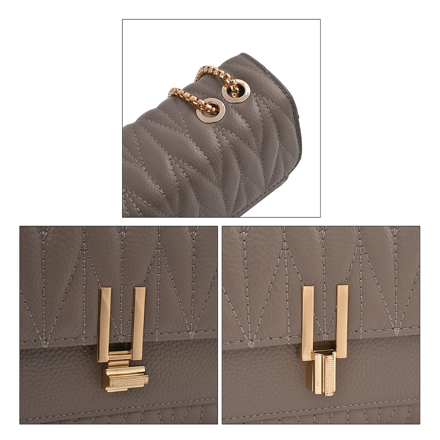 CloseOut Deal-Genuine Leather Shoulder Bag with Chain Strap - Light Grey