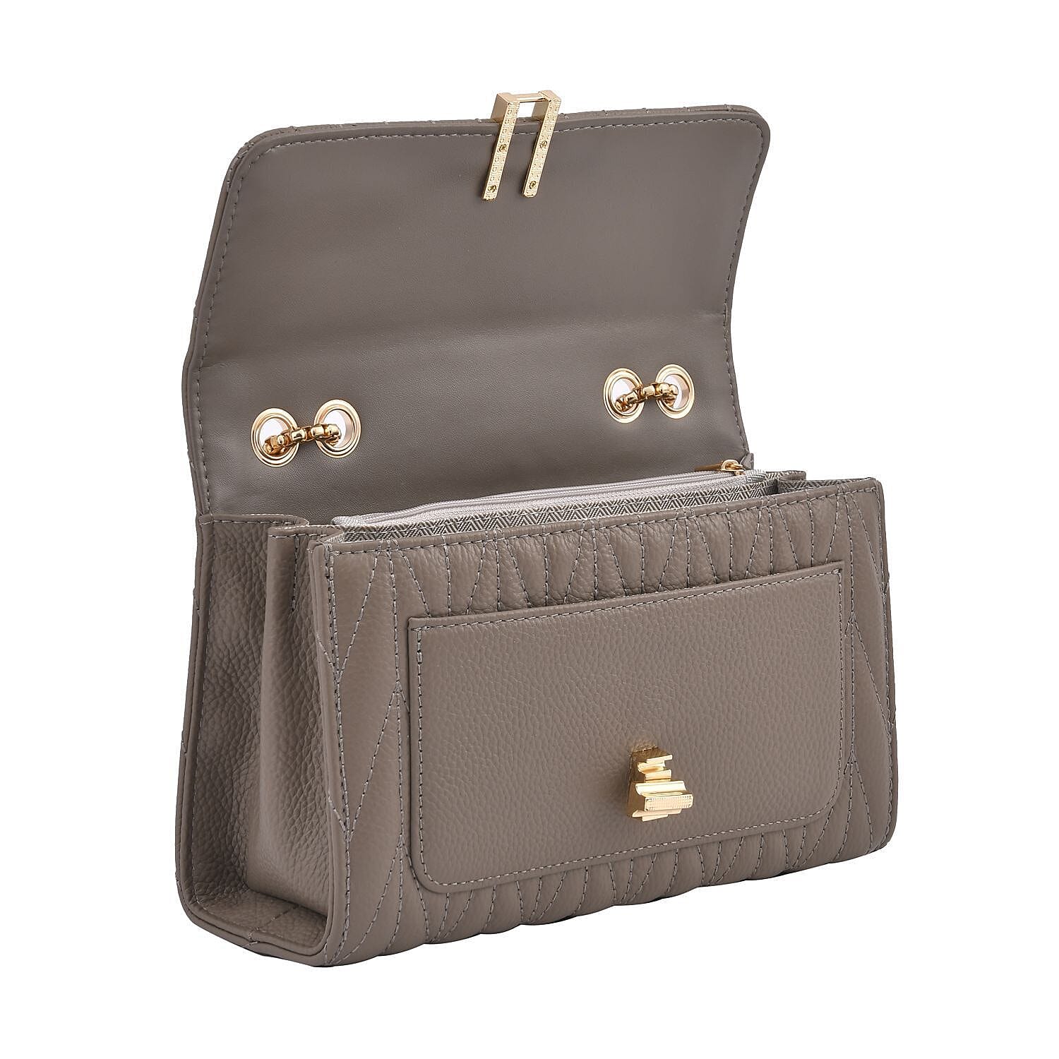 CloseOut Deal-Genuine Leather Shoulder Bag with Chain Strap - Light Grey