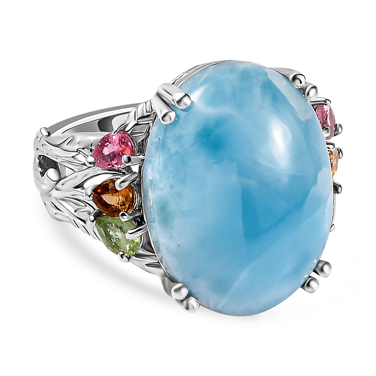 Larimar and Multi-Tourmaline Ring in Platinum Overlay Sterling Silver 18  Ct, Silver Wt. 5.60 Gms