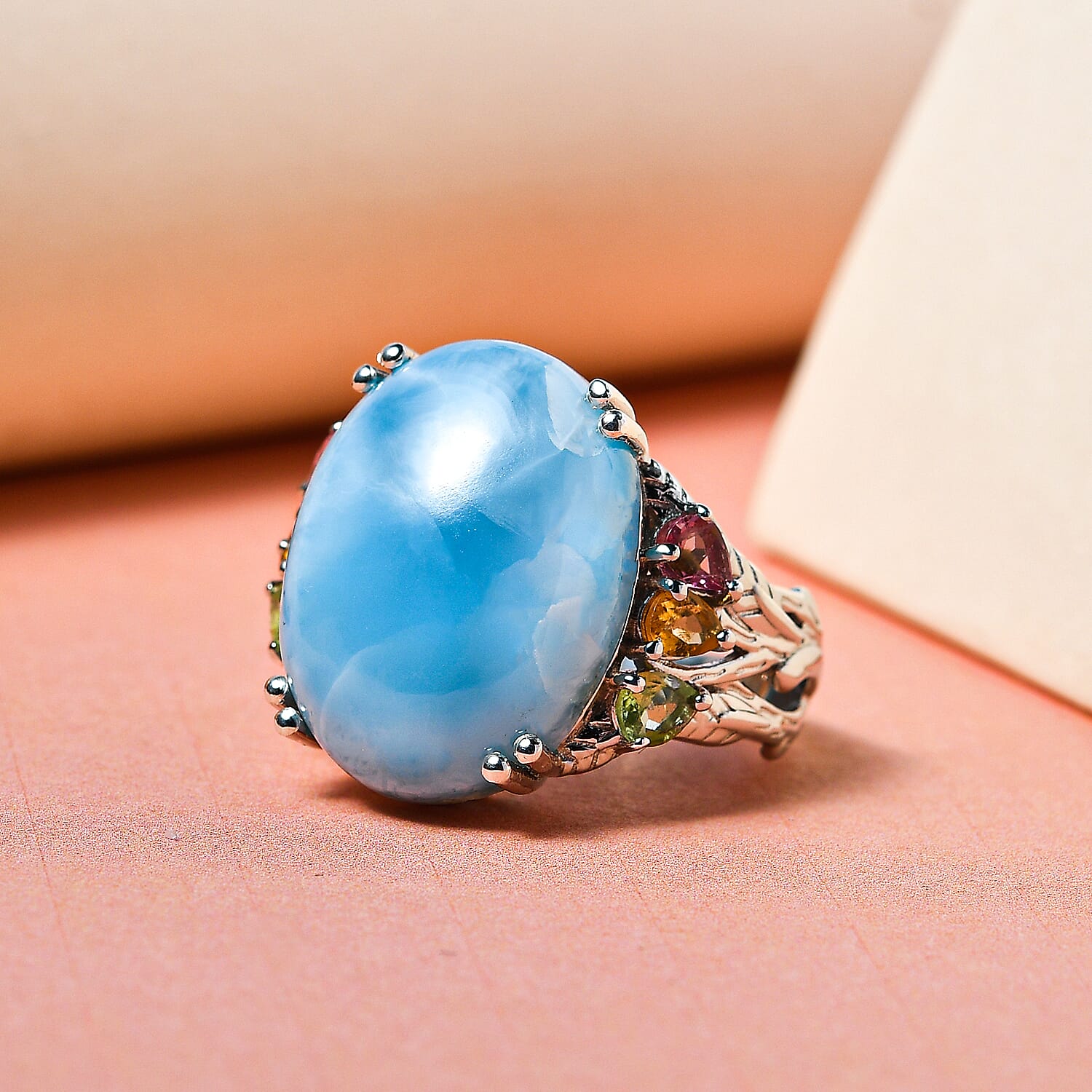 Larimar and Multi-Tourmaline Ring in Platinum Overlay Sterling Silver 18  Ct, Silver Wt. 5.60 Gms