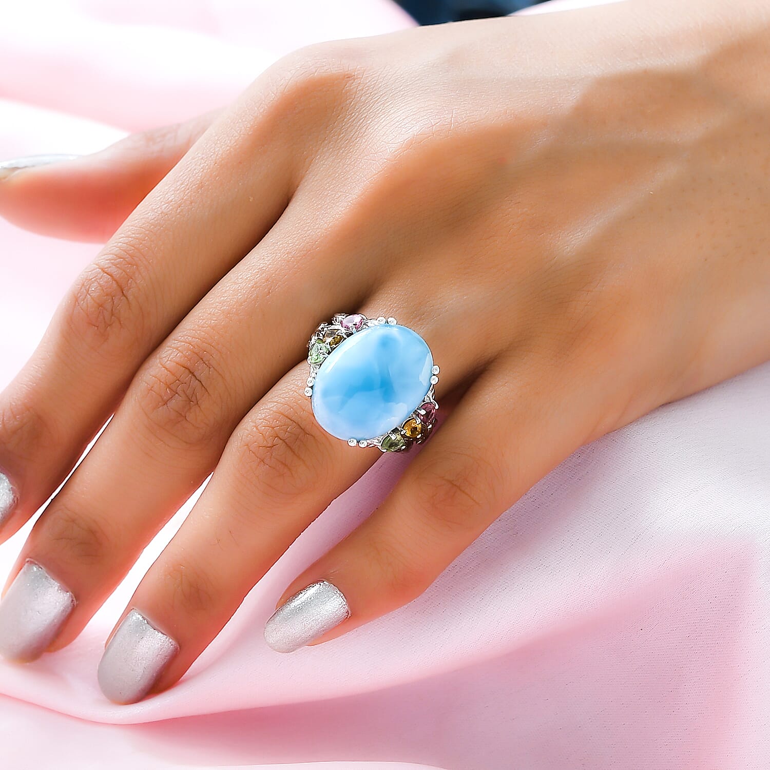 Larimar and Multi-Tourmaline Ring in Platinum Overlay Sterling