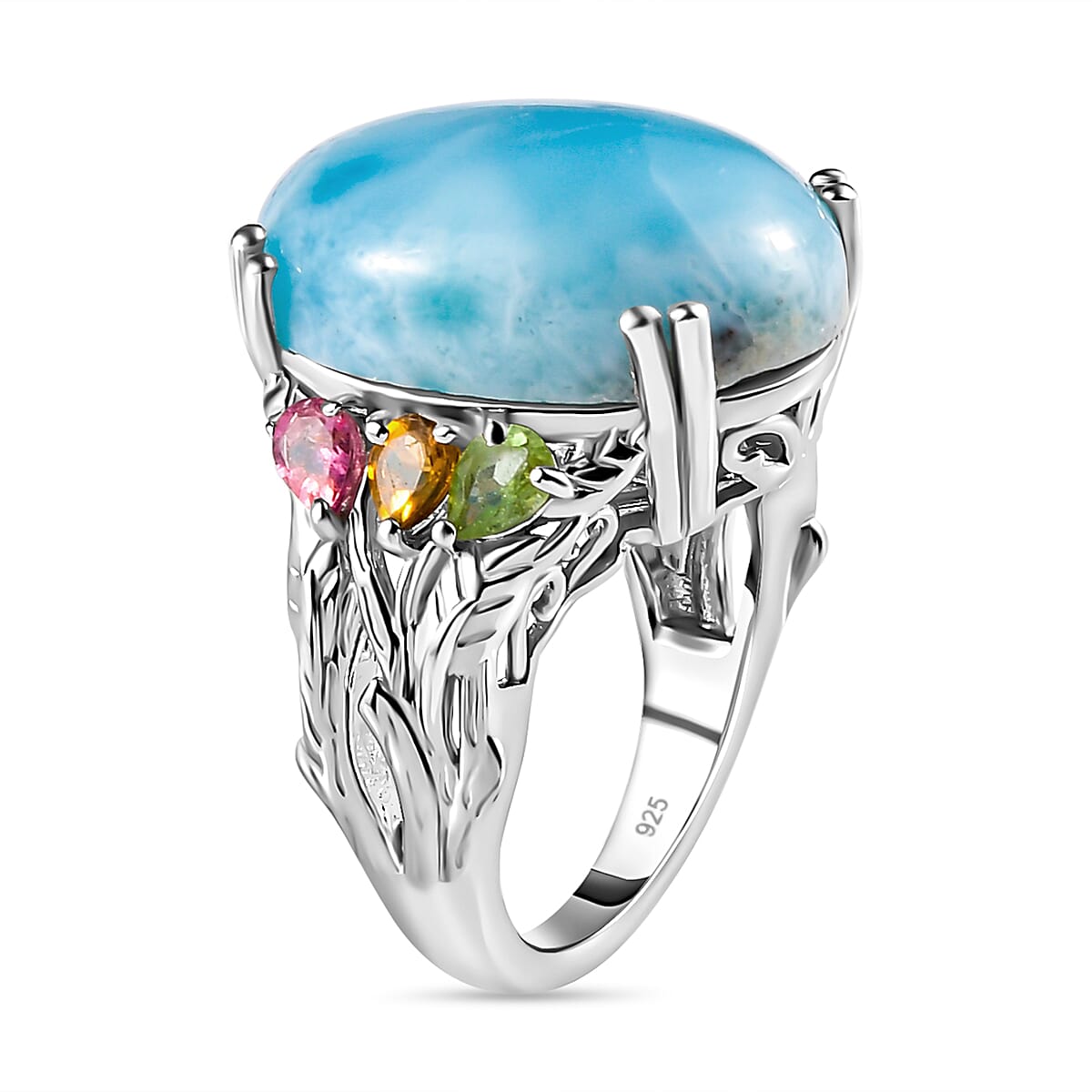 Larimar and Multi-Tourmaline Ring in Platinum Overlay Sterling Silver 18 Ct, Silver Wt. 5.60 Gms