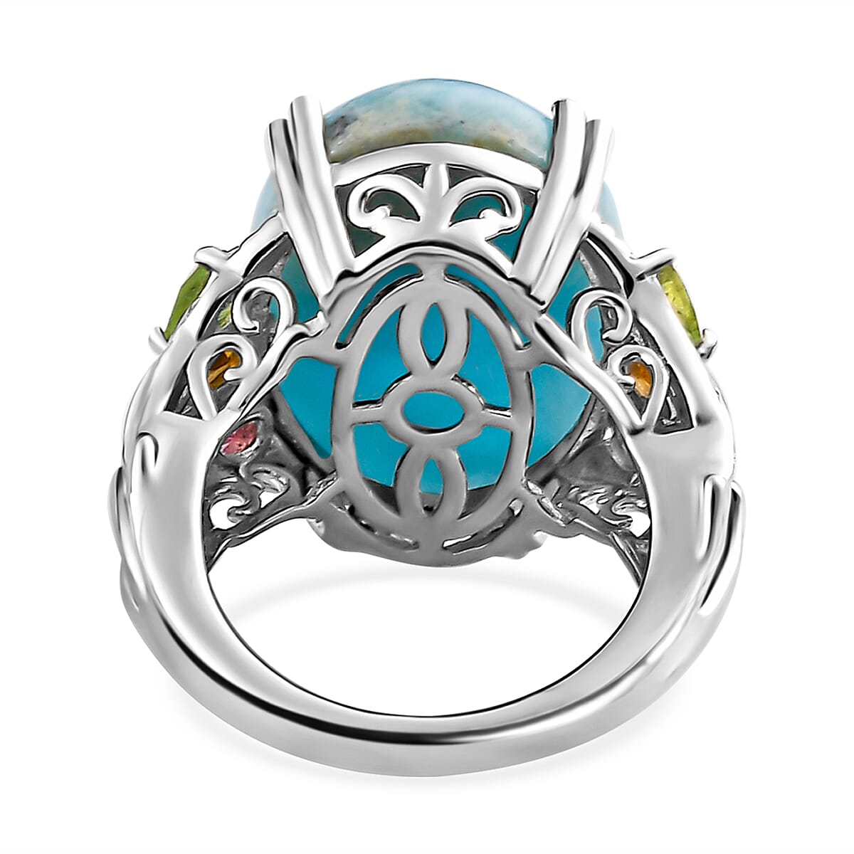 Larimar and Multi-Tourmaline Ring in Platinum Overlay Sterling Silver 18 Ct, Silver Wt. 5.60 Gms