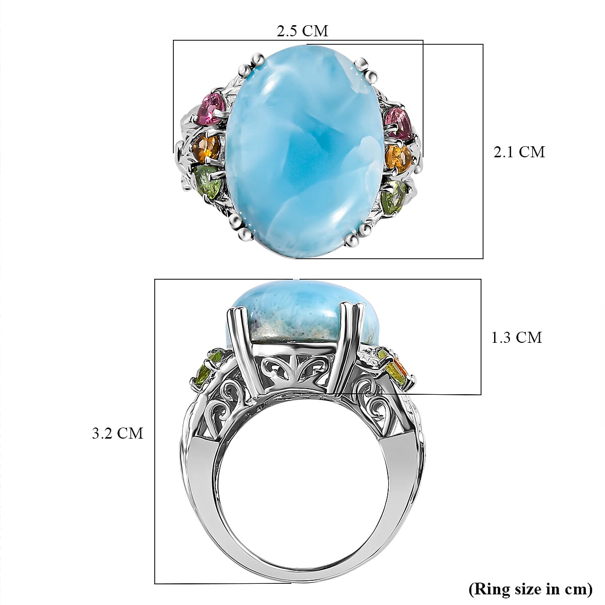 Larimar and Multi-Tourmaline Ring in Platinum Overlay Sterling Silver 18 Ct, Silver Wt. 5.60 Gms