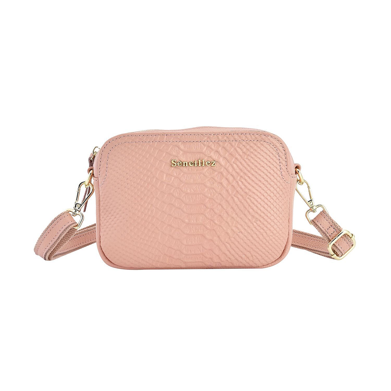 Sencillez Snakeskin Embossed Pattern Genuine Leather Crossbody Bag - Pink