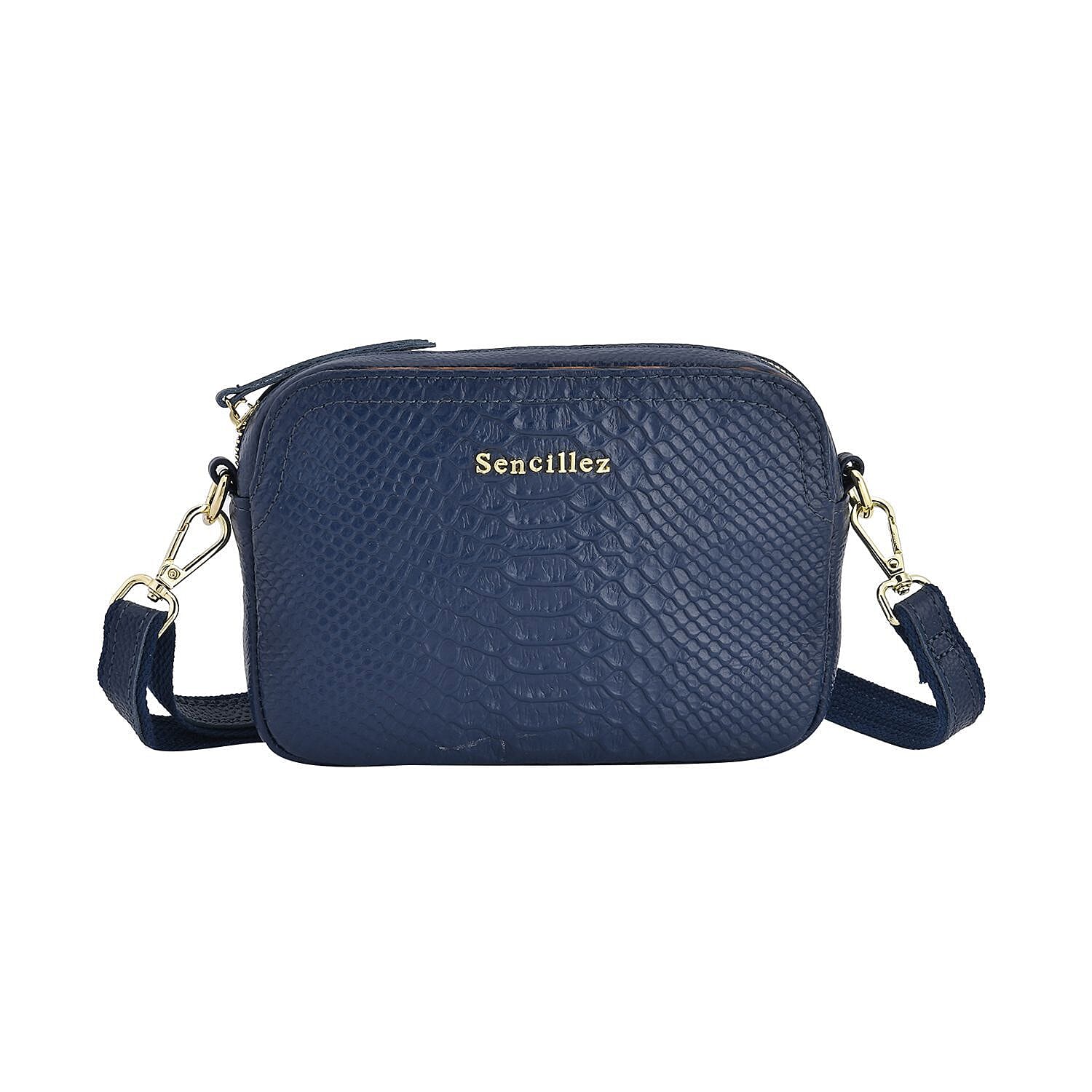 Sencillez Snakeskin Embossed Pattern Genuine Leather Crossbody Bag (Size 20x13x5 Cm) - Navy Blue