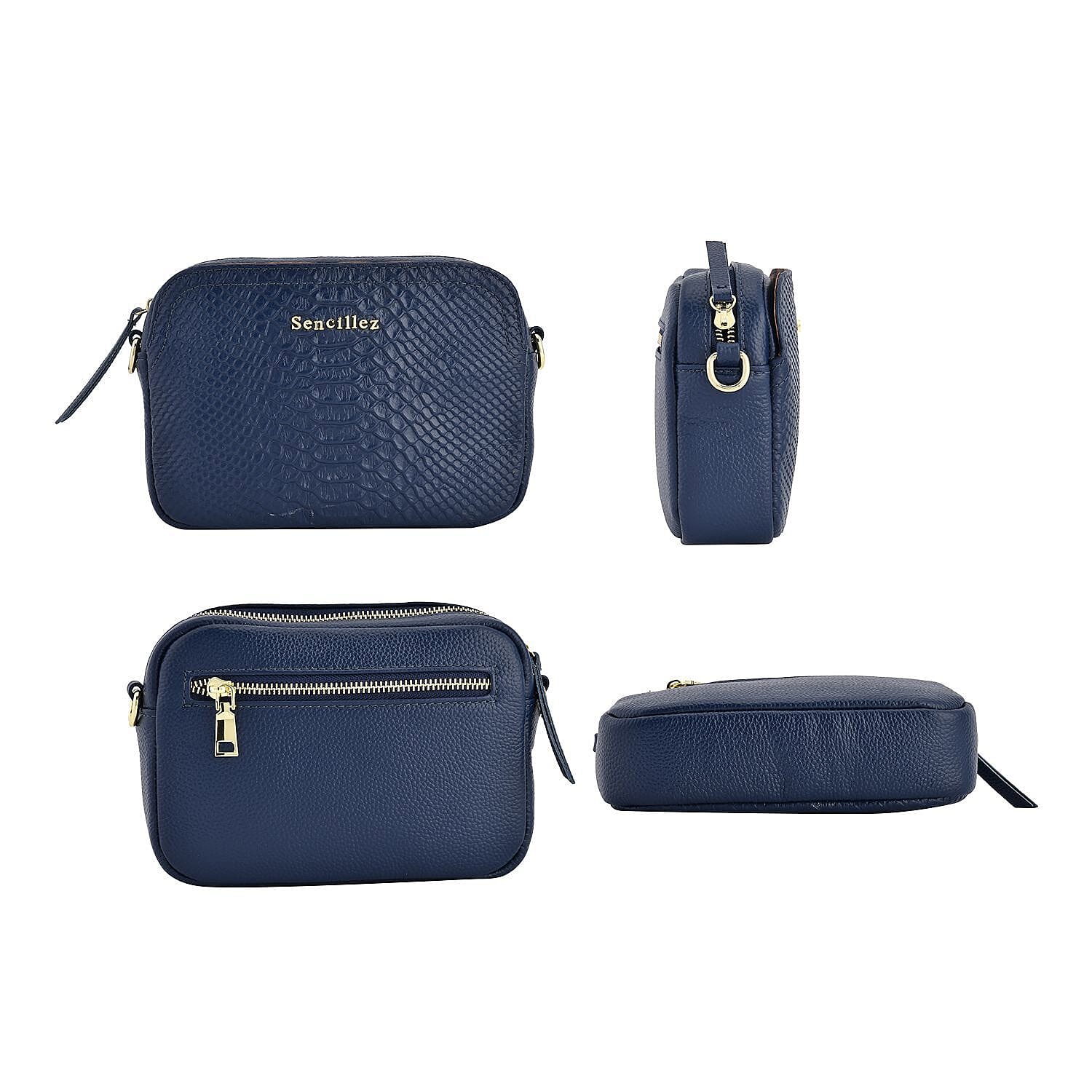 Sencillez Snakeskin Embossed Pattern Genuine Leather Crossbody Bag (Size 20x13x5 Cm) - Navy Blue
