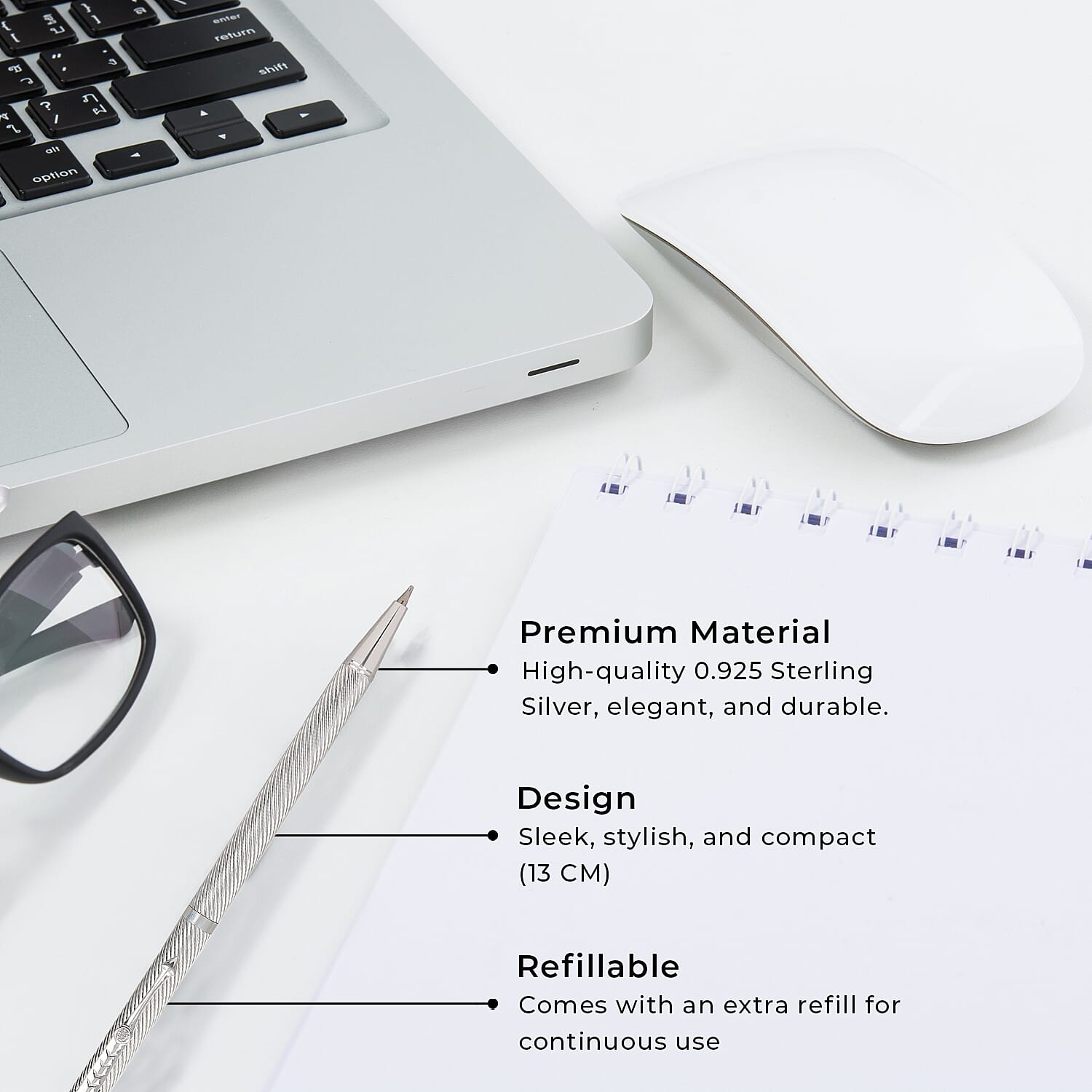 Luxury Collection- 925 Sterling Silver  Pen with Moissanite (RD 3MM) - 1 Extra Refill, Silver Wt.12 Gms Approx