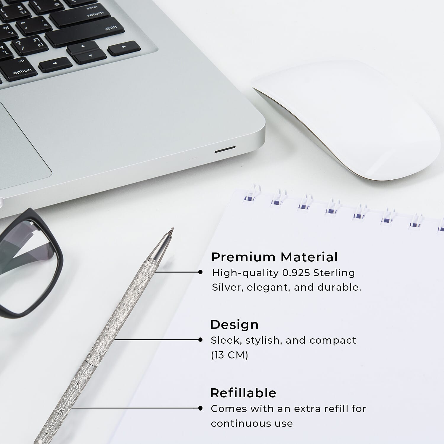 925 Sterling Silver Pen with Moissanite (RD 3MM) - 1 Extra Refill, Silver Wt.12 Gms Approx