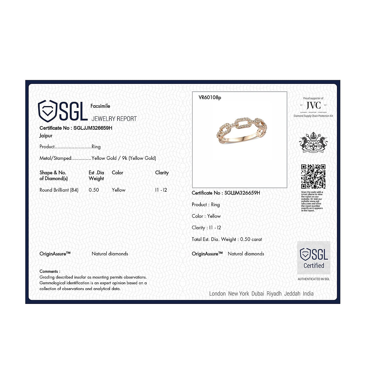 9K Yellow Gold SGL Certified Natural Yellow Diamond (I1-I2) Ring 0.50 Ct.