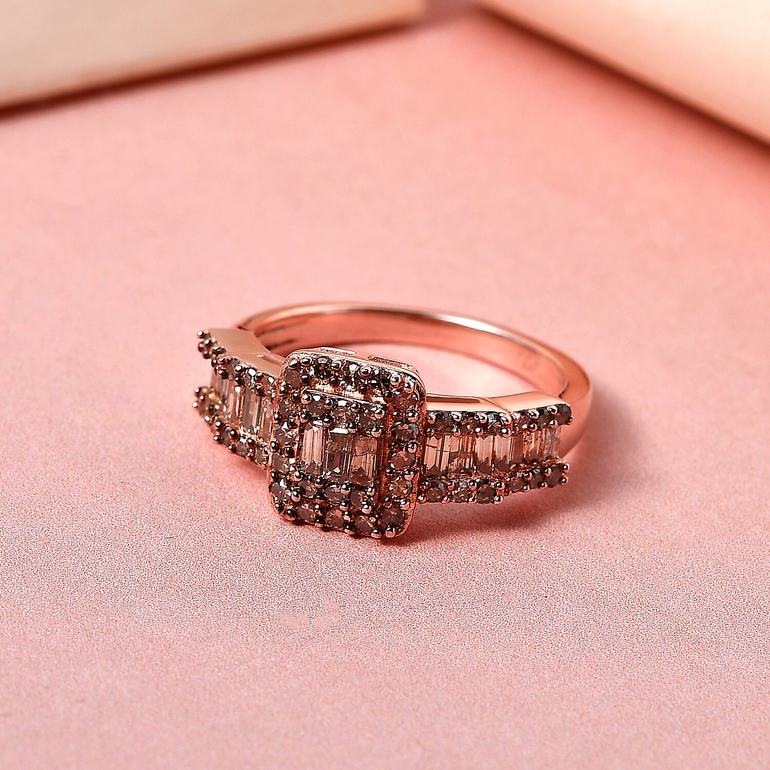 Natural Champagne Diamond Ring in 18K Vermeil Rose Gold Plated Sterling Silver 1.00 Ct.