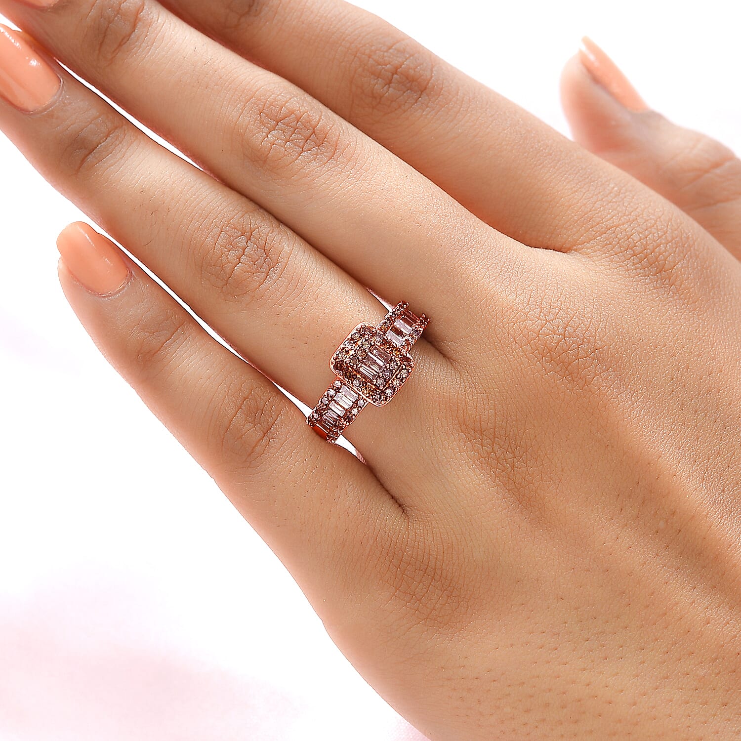 Natural Champagne Diamond Ring in 18K Vermeil Rose Gold Plated Sterling Silver 1.00 Ct.