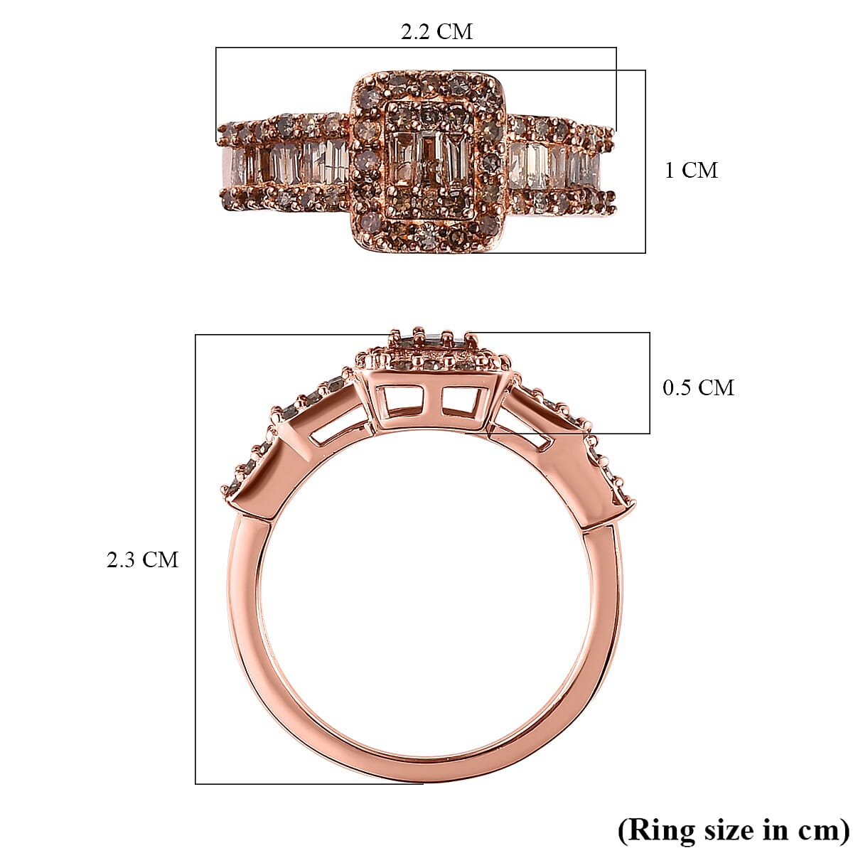Natural Champagne Diamond Ring in 18K Vermeil Rose Gold Plated Sterling Silver 1.00 Ct.