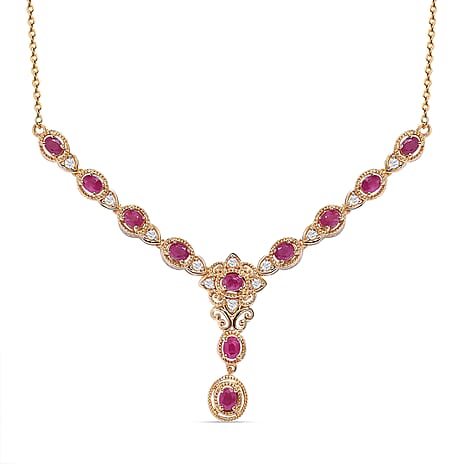 Ruby and Natural Cambodian Zircon Necklace (Size - 18) in 18K Vermeil Yellow Gold Plated Sterling Silver 2.28 Ct, Silver Wt 9.15 Gms