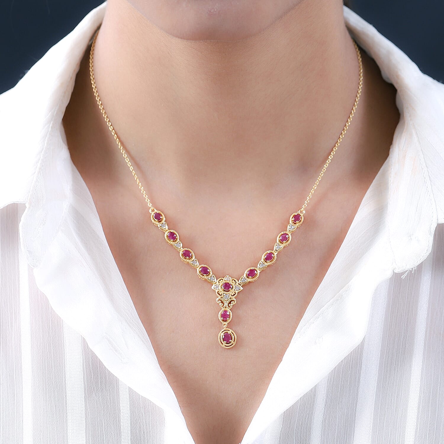 Ruby and Natural Cambodian Zircon Necklace (Size - 18) in 18K Vermeil Yellow Gold Plated Sterling Silver 2.28 Ct, Silver Wt 9.15 Gms