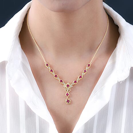 Ruby and Natural Cambodian Zircon Necklace (Size - 18) in 18K Vermeil Yellow Gold Plated Sterling Silver 2.28 Ct, Silver Wt 9.15 Gms