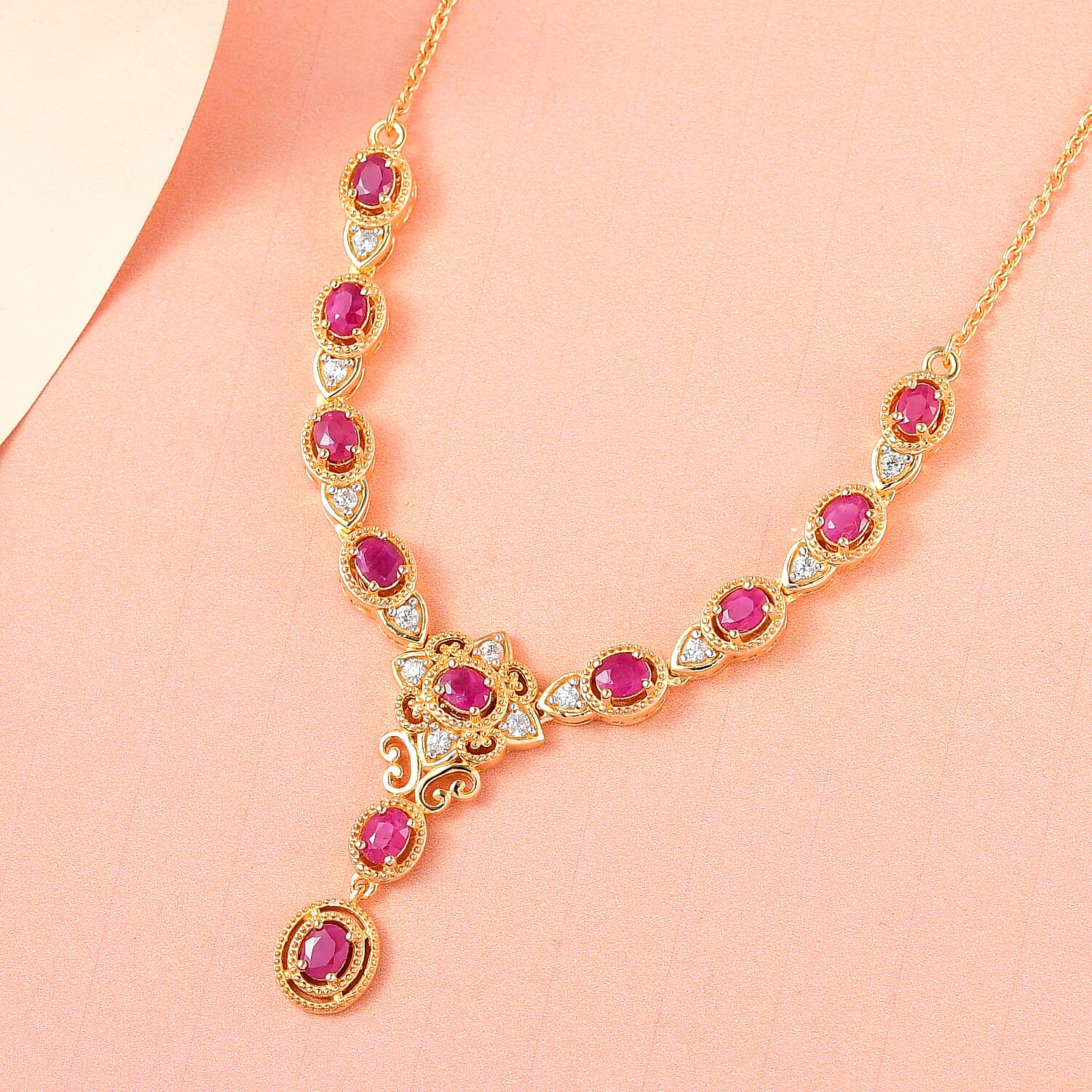 Ruby and Natural Cambodian Zircon Necklace (Size - 18) in 18K Vermeil Yellow Gold Plated Sterling Silver 2.28 Ct, Silver Wt 9.15 Gms