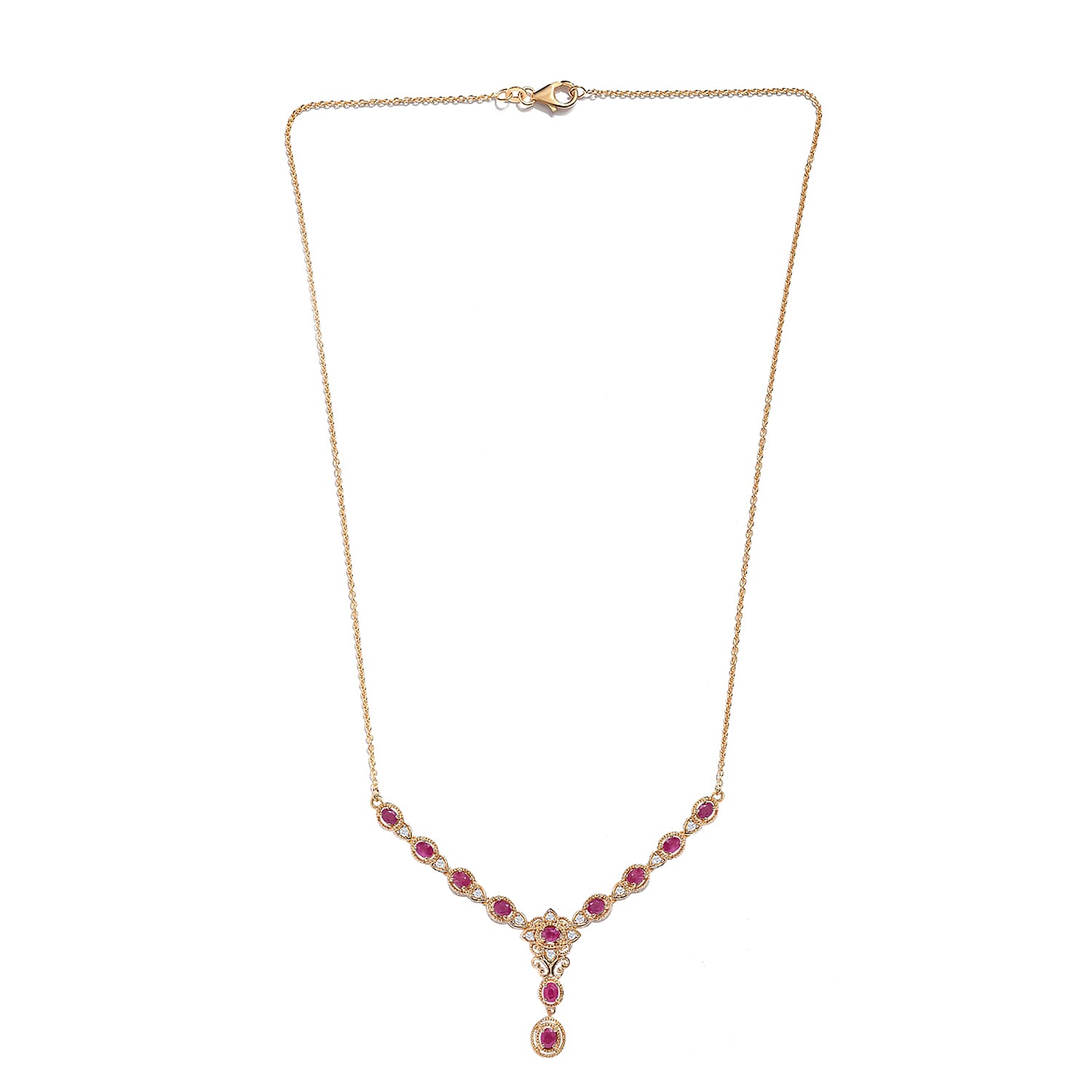 Ruby and Natural Cambodian Zircon Necklace (Size - 18) in 18K Vermeil Yellow Gold Plated Sterling Silver 2.28 Ct, Silver Wt 9.15 Gms