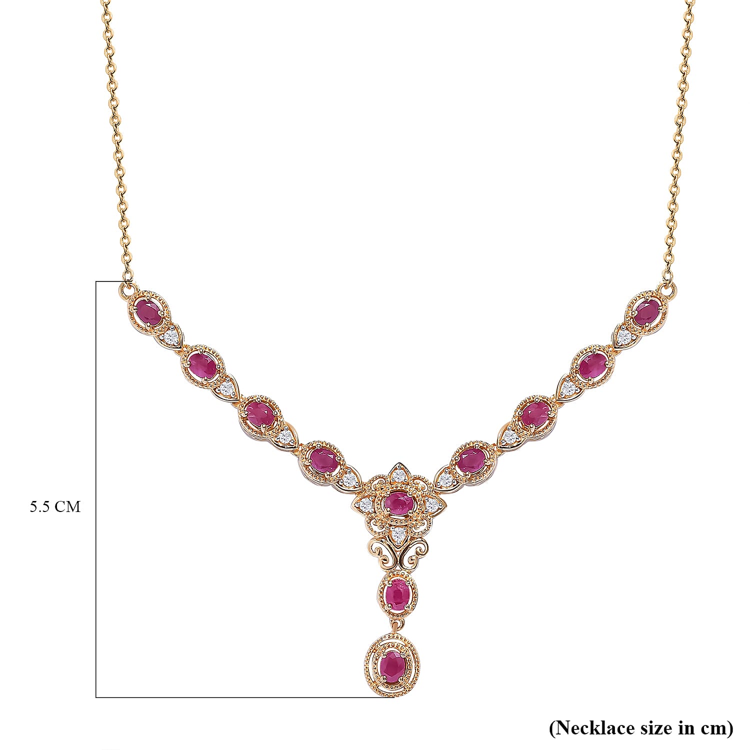 Ruby and Natural Cambodian Zircon Necklace (Size - 18) in 18K Vermeil Yellow Gold Plated Sterling Silver 2.28 Ct, Silver Wt 9.15 Gms
