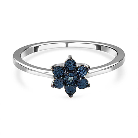 Blue Diamond Floral Ring in Platinum Plated Sterling Silver