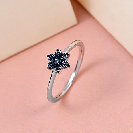 Blue Diamond Floral Band Ring in Platinum Overlay Sterling Silver