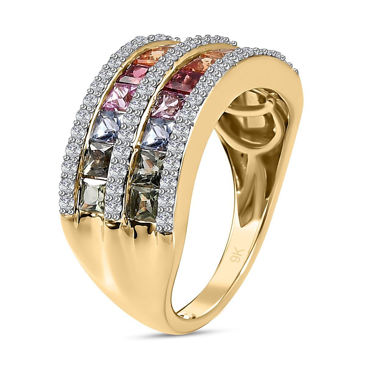 9K Yellow Gold AAA Multi Sapphire and Natural Zircon Ring 2.49 Ct