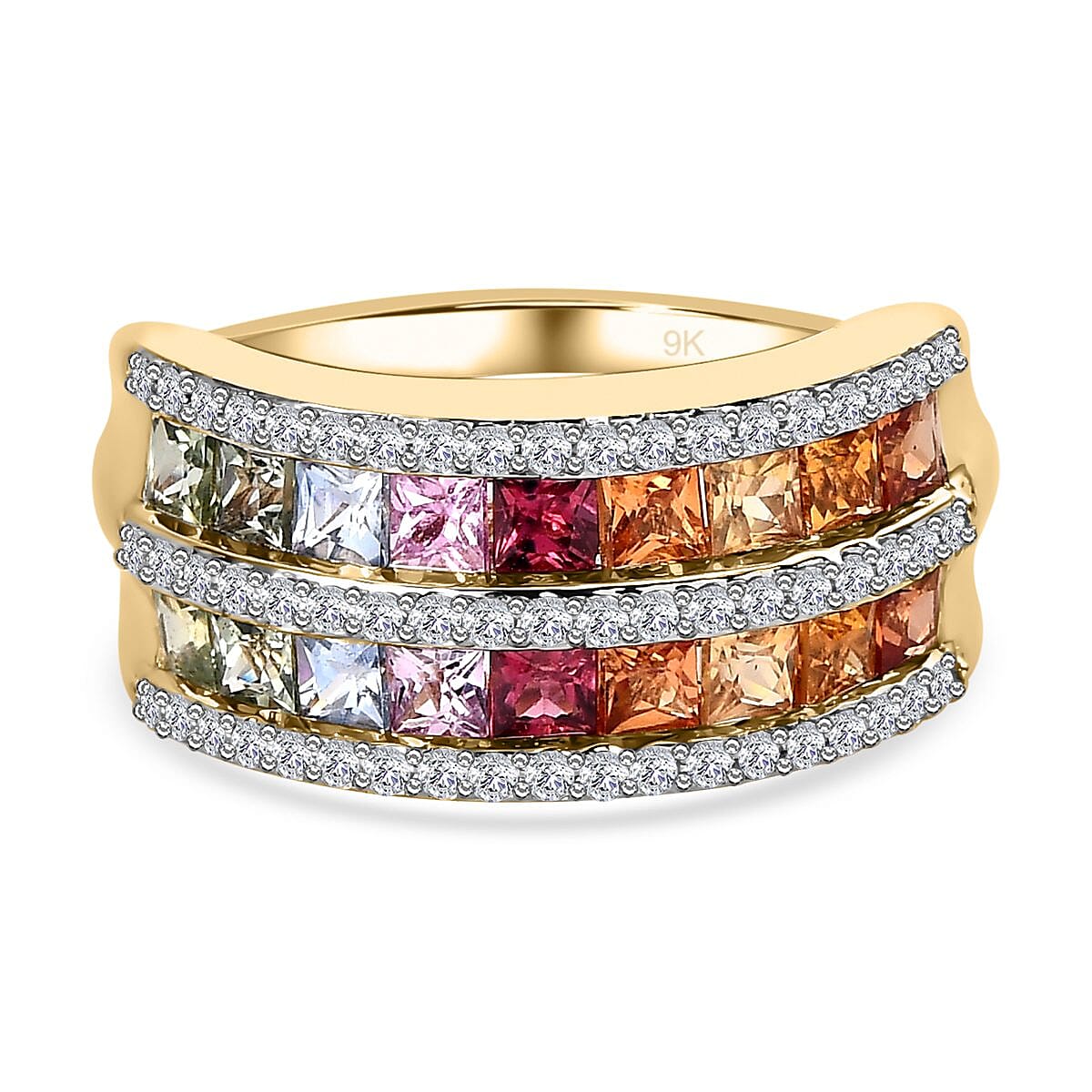 9K Yellow Gold AAA Multi Sapphire and Natural Zircon Ring 2.49 Ct
