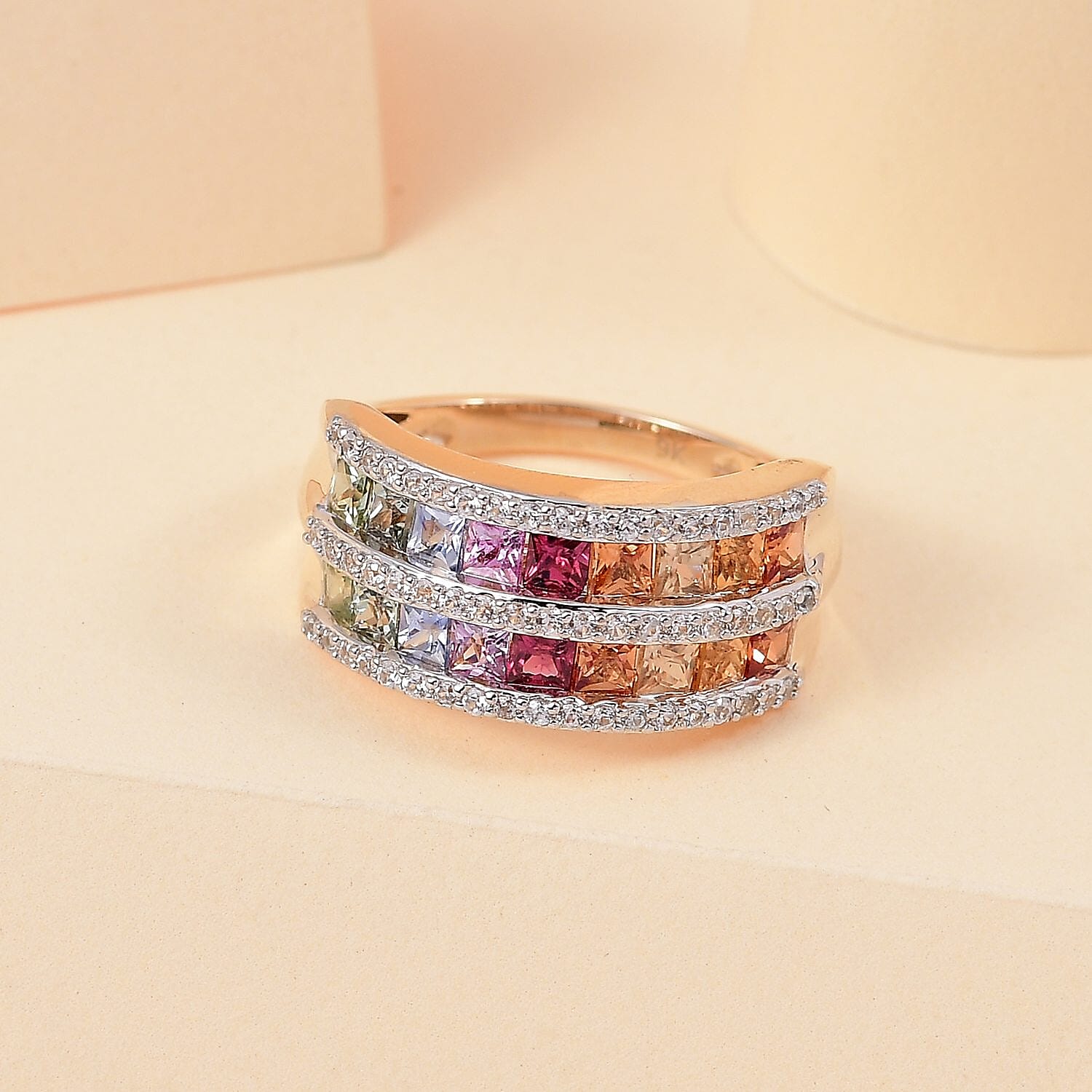 9K Yellow Gold AAA Multi Sapphire and Natural Zircon Ring 2.49 Ct