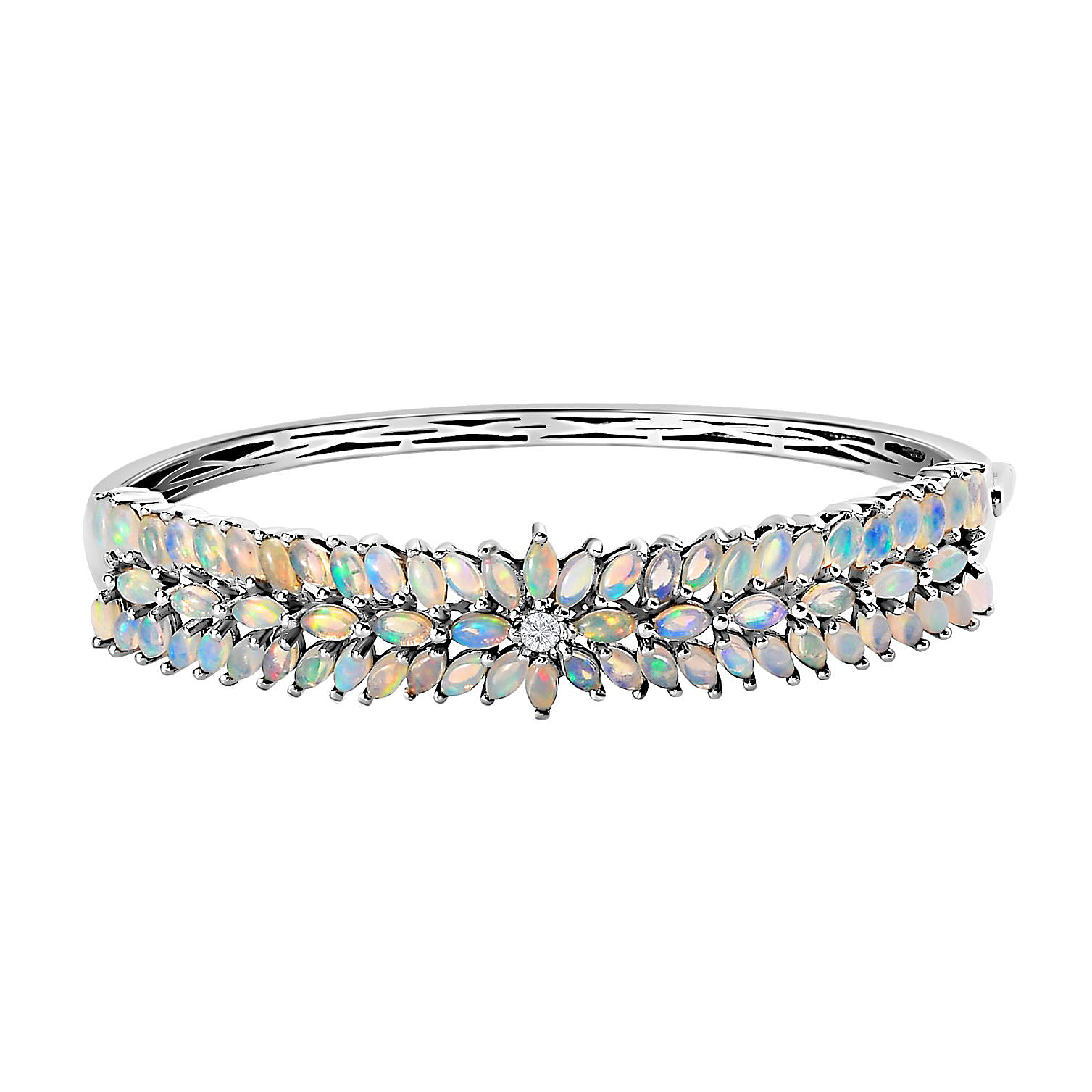 Ethiopian Welo Opal and Natural Cambodian Zircon Full Bangle (Size - 7.5)  in Platinum Overlay Sterling Silver 7.091 Ct, Silver Wt. 20.80 Gms