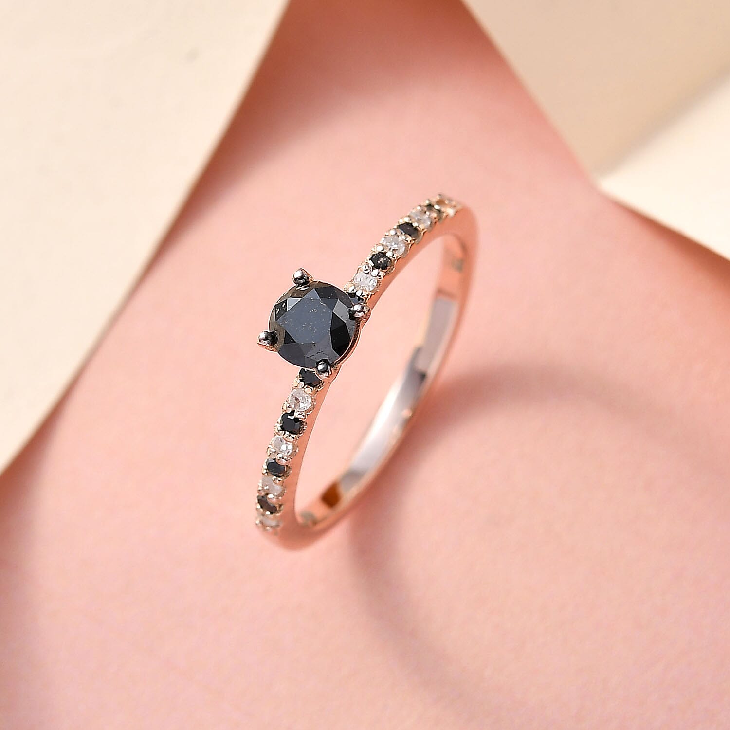 Black Diamond and  White Diamond Ring in 18K Vermeil Rose Gold Overlay Sterling Silver 0.52 Ct