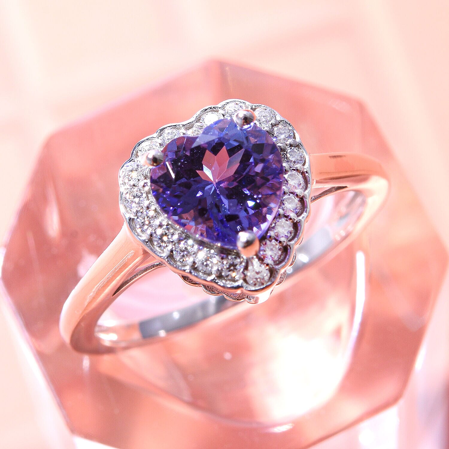 9K White Gold Tanzanite and Moissanite Heart Ring 1.66 Ct