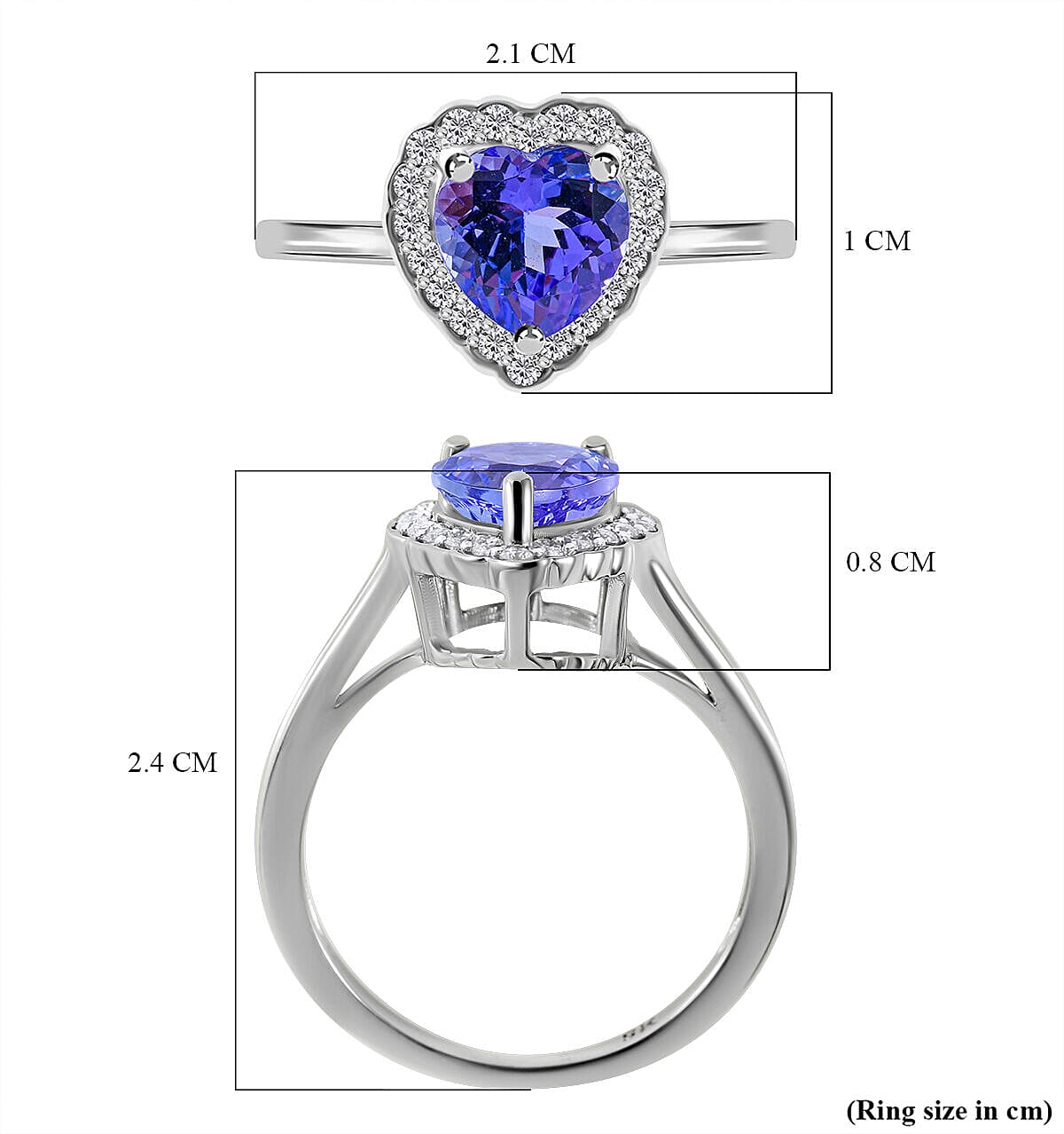 9K White Gold Tanzanite and Moissanite Heart Ring 1.66 Ct