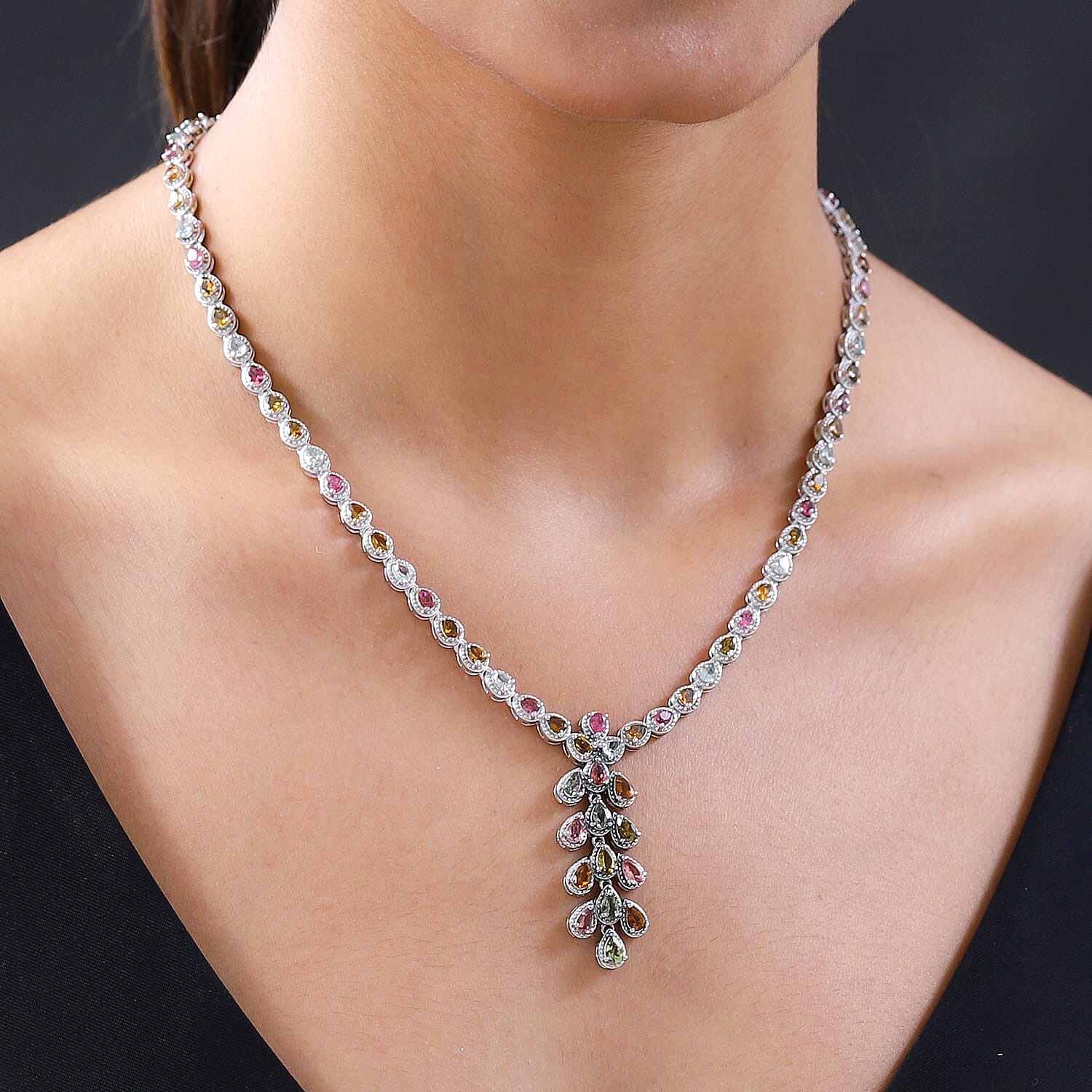 Multi-Tourmaline Necklace (Size - 20) in Platinum Overlay Sterling Silver 12.00 Ct, Silver Wt. 28.95 Gms.