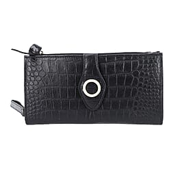 100% Genuine Leather Croco Embossed RFID Protected Wallet (Size 19x9 cm) - Black