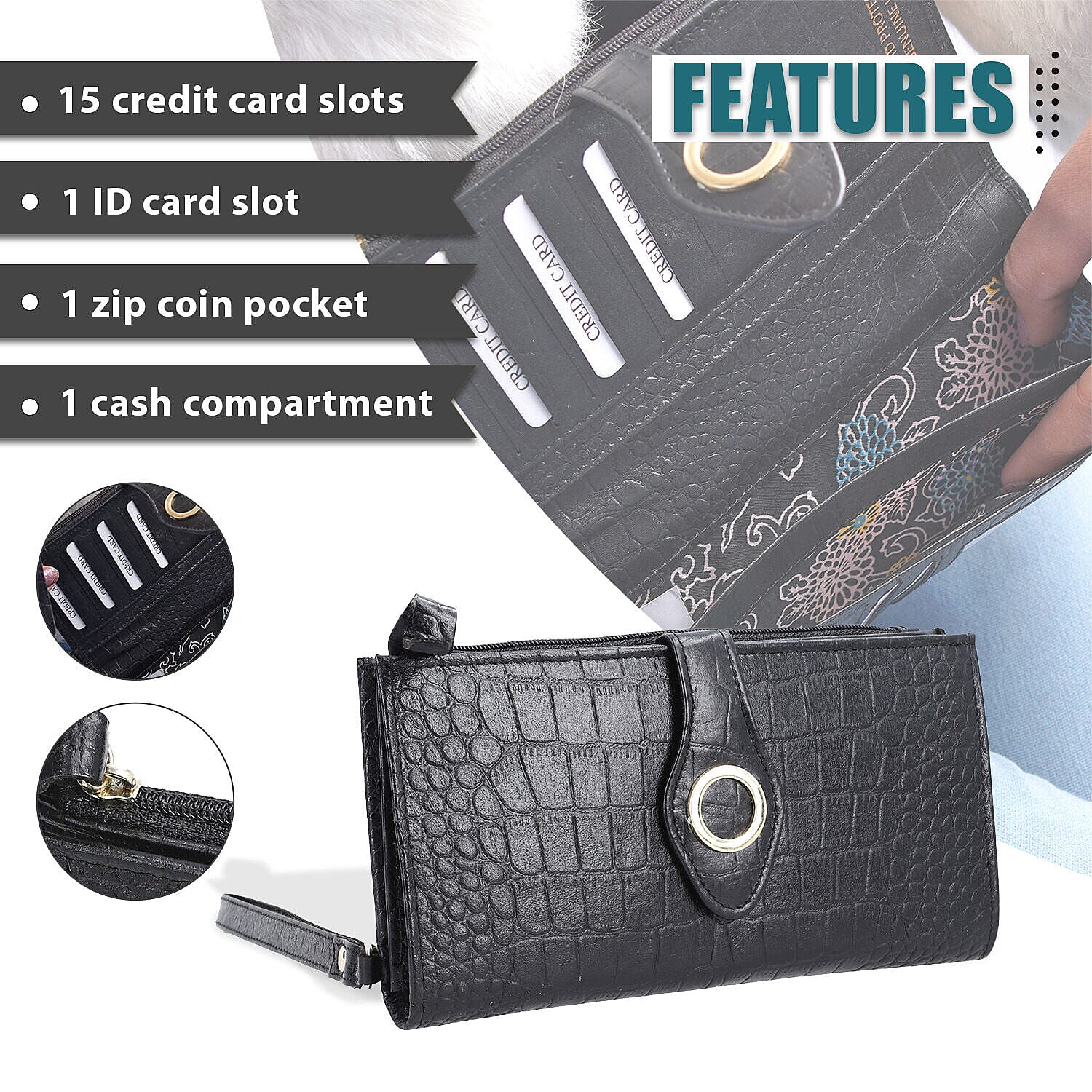 100% Genuine Leather Croco Embossed RFID Protected Wallet (Size 19x9 cm) - Black