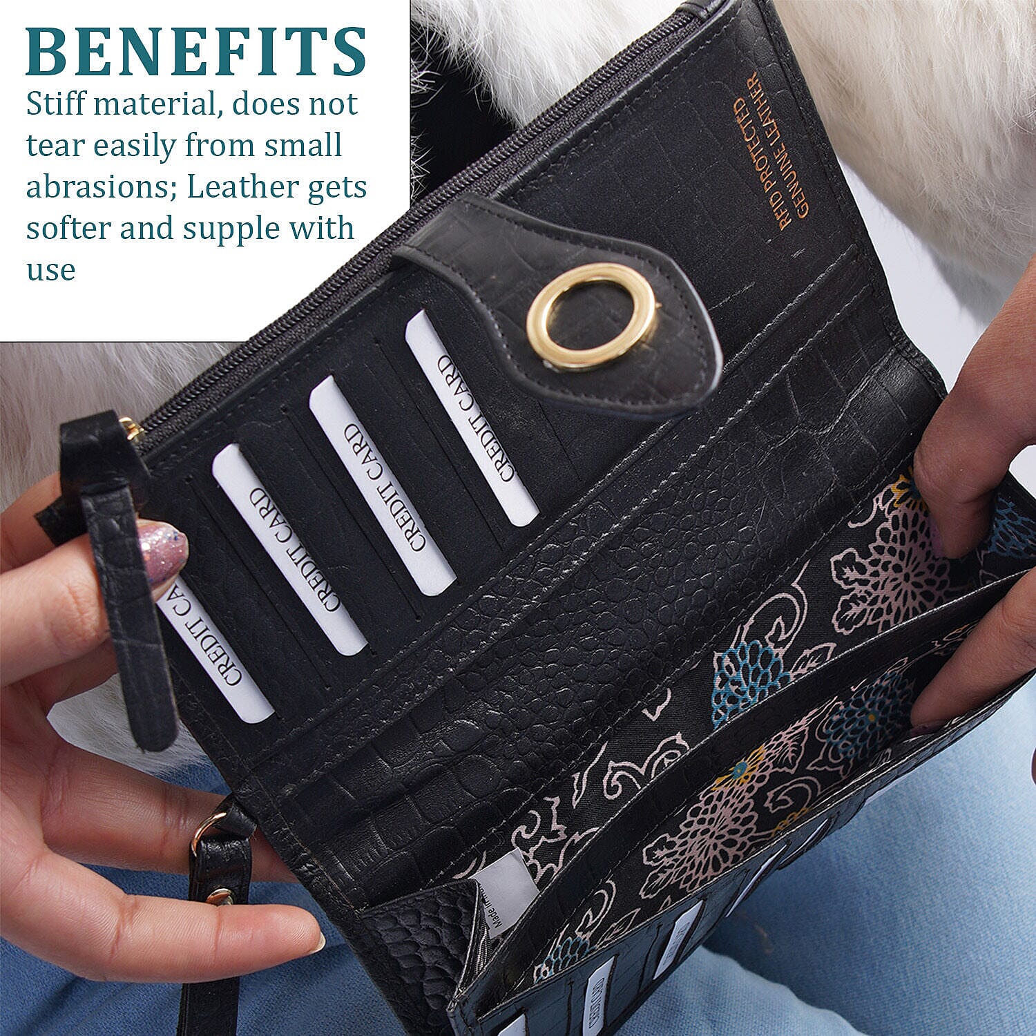 100% Genuine Leather Croco Embossed RFID Protected Wallet (Size 19x9 cm) - Black