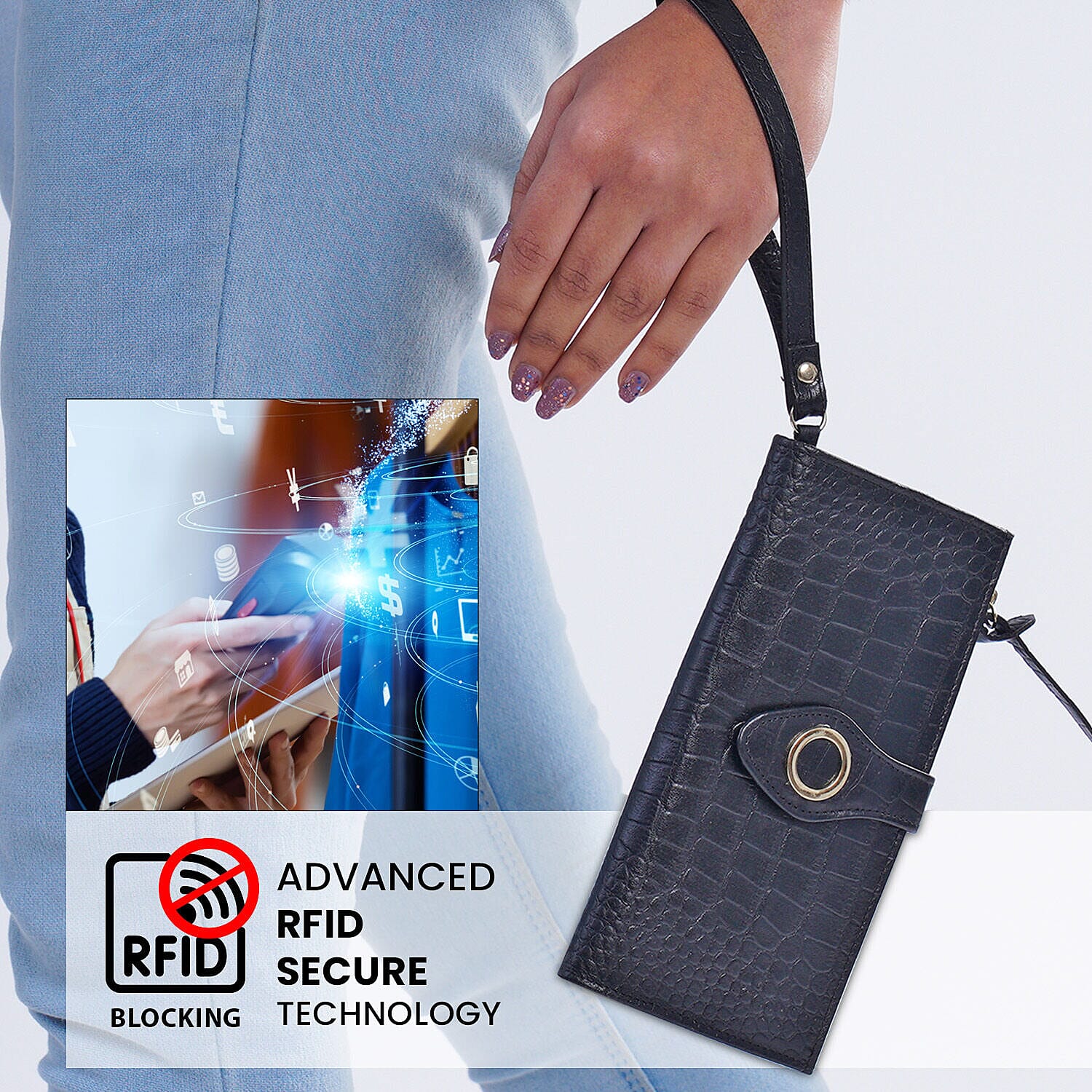 100% Genuine Leather Croco Embossed RFID Protected Wallet (Size 19x9 cm) - Black