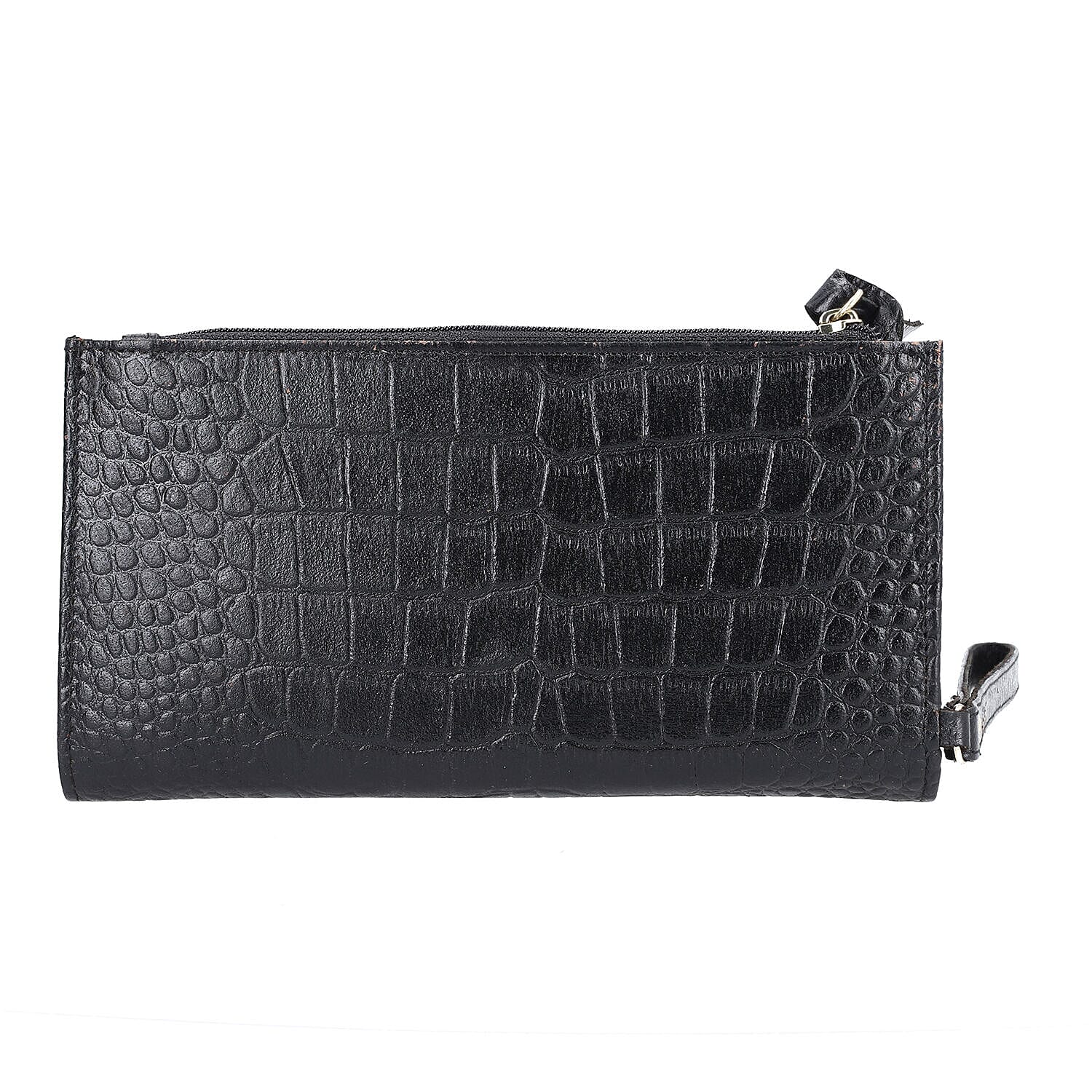 100% Genuine Leather Croco Embossed RFID Protected Wallet (Size 19x9 cm) - Black