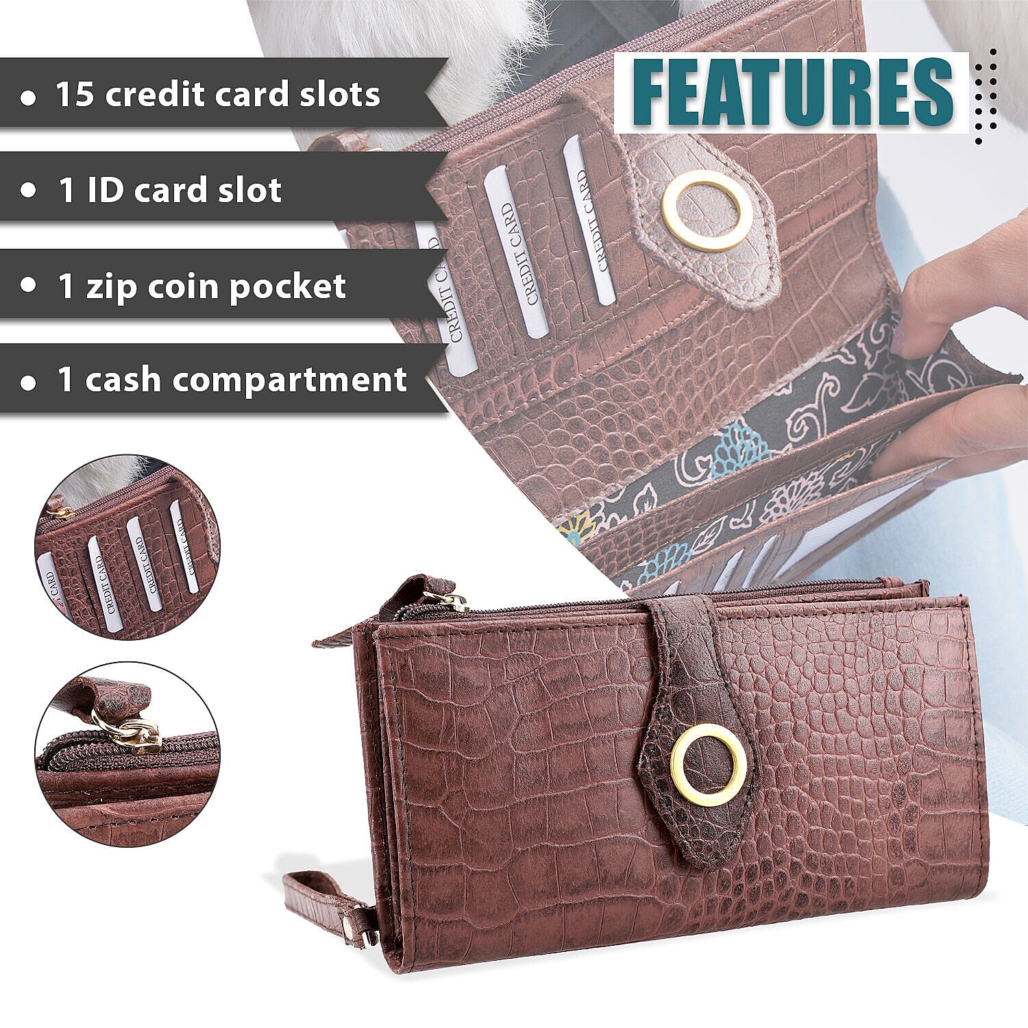 Chic Boutique- 100% Genuine Leather Croc Embossed RFID Protected Wallet with 15 Card Slots & Leather Wristlet - Brown