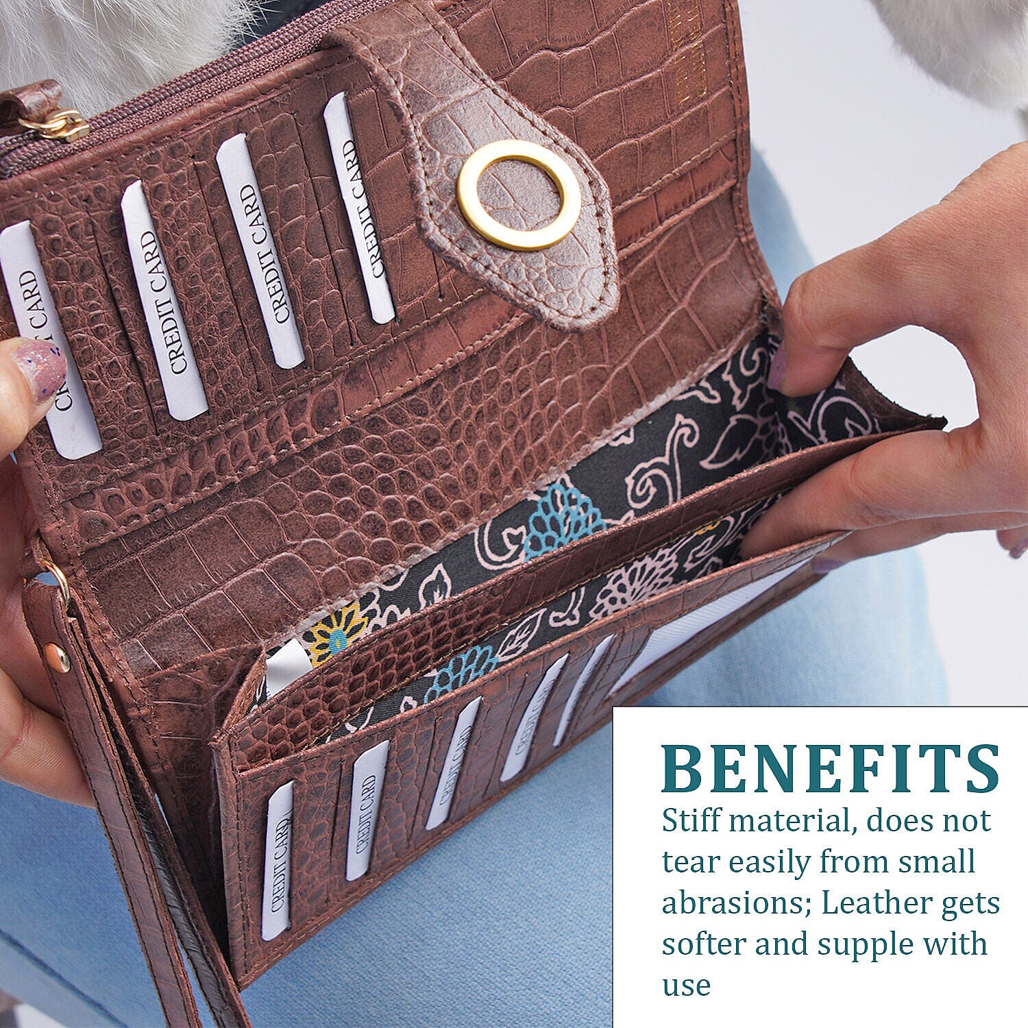 Chic Boutique- 100% Genuine Leather Croc Embossed RFID Protected Wallet with 15 Card Slots & Leather Wristlet - Brown