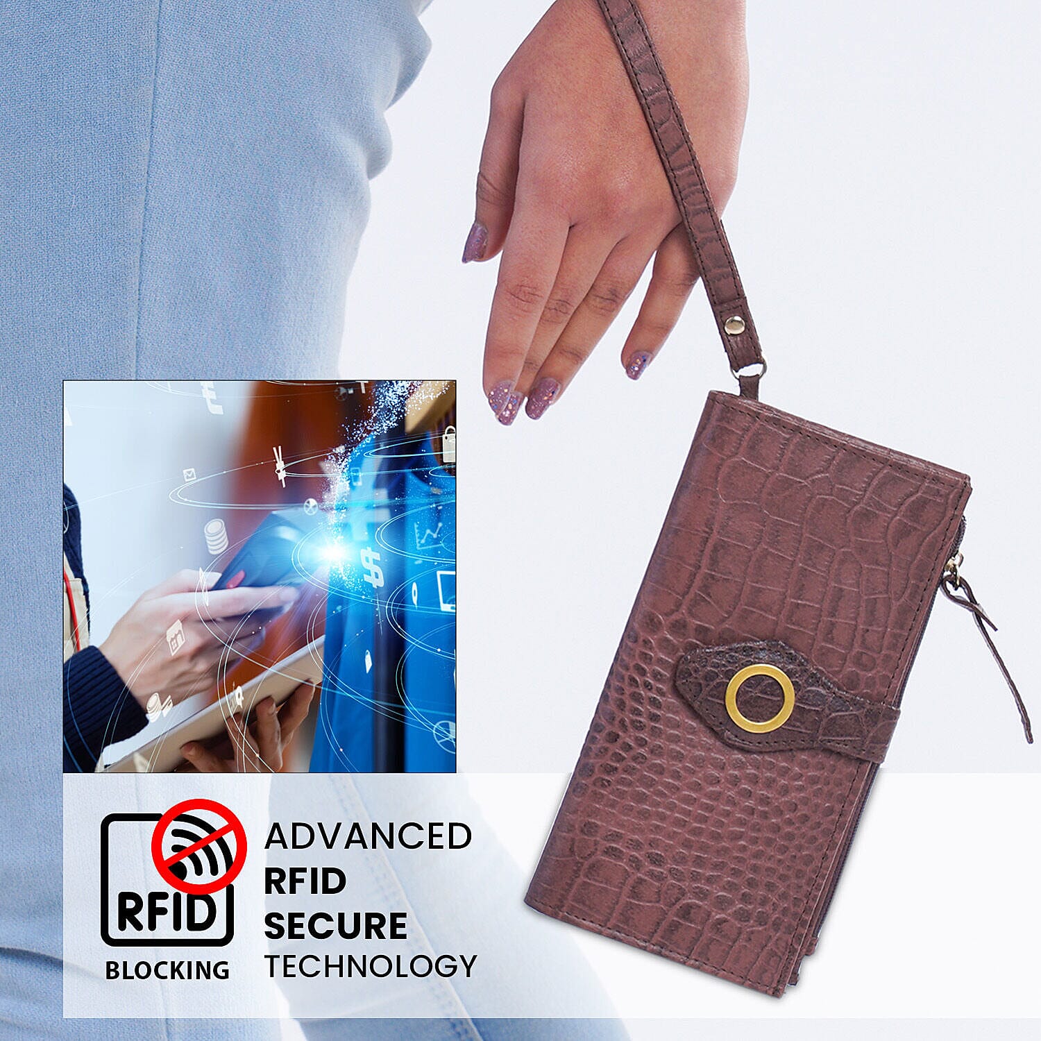 Chic Boutique- 100% Genuine Leather Croc Embossed RFID Protected Wallet with 15 Card Slots & Leather Wristlet - Brown